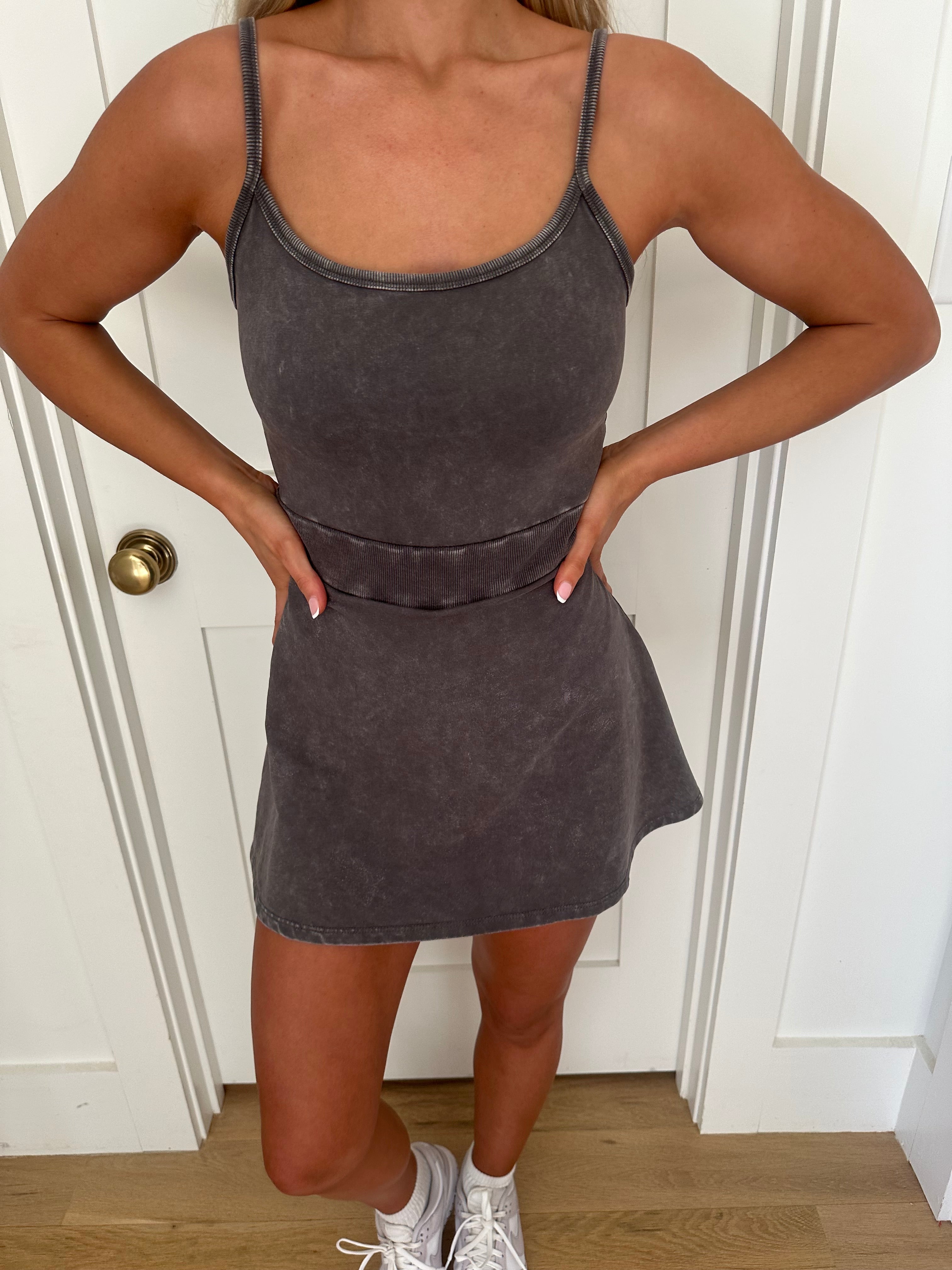 Mineral Washed Tennis Dress-Charcoal