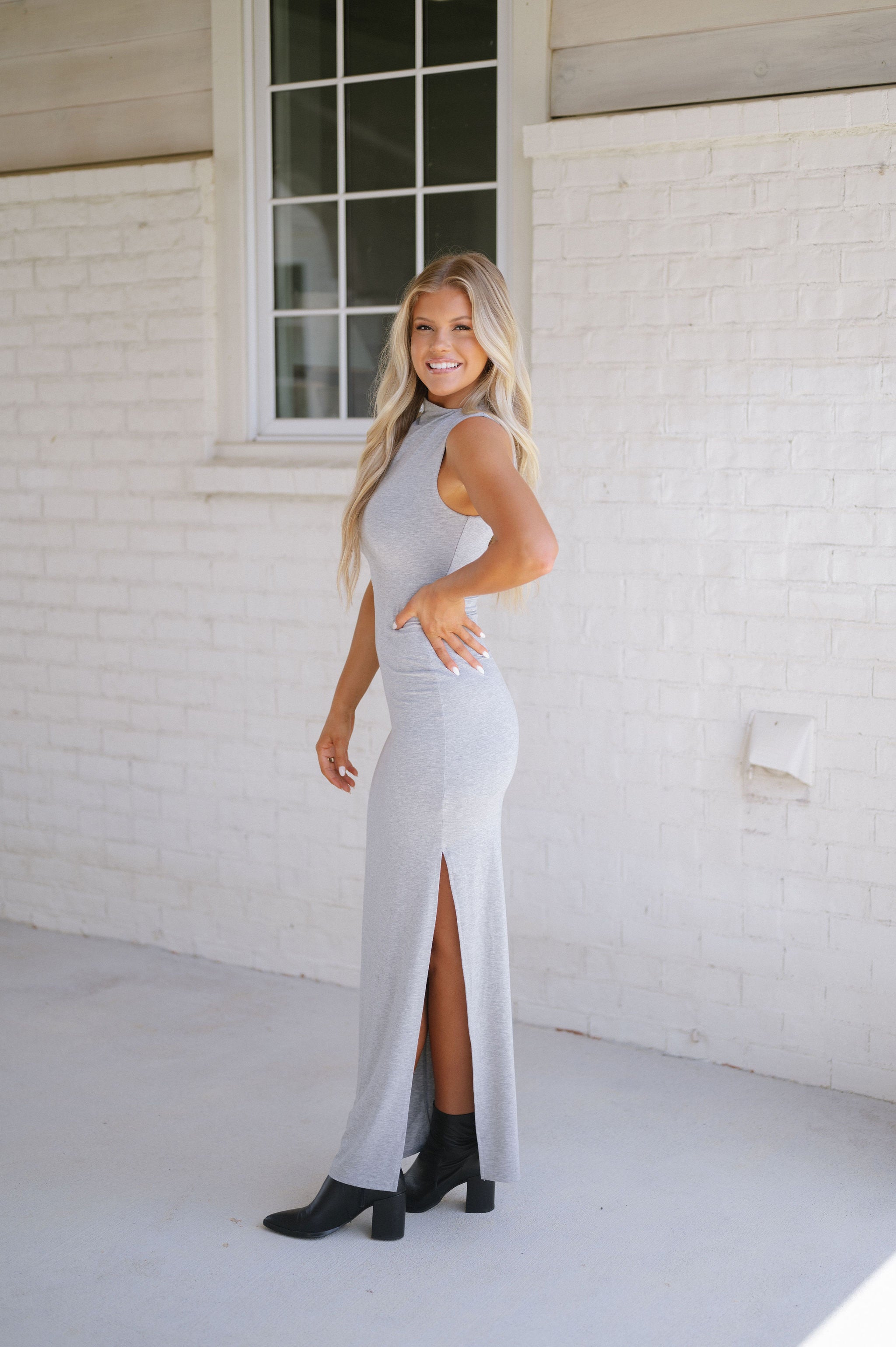 Sleeveless Side Slit Maxi Dress- Heather Grey