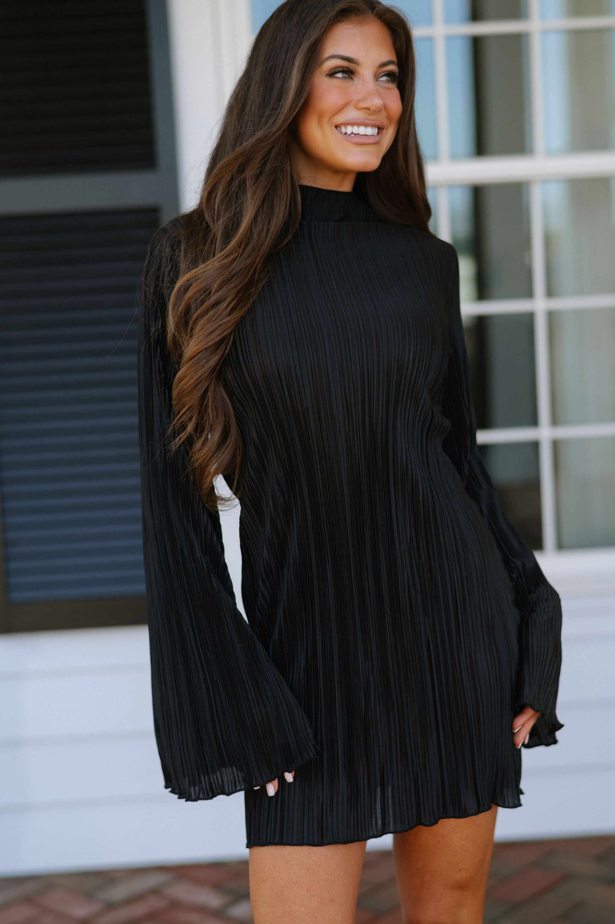 Mock Neck Pleated Mini Dress-Black