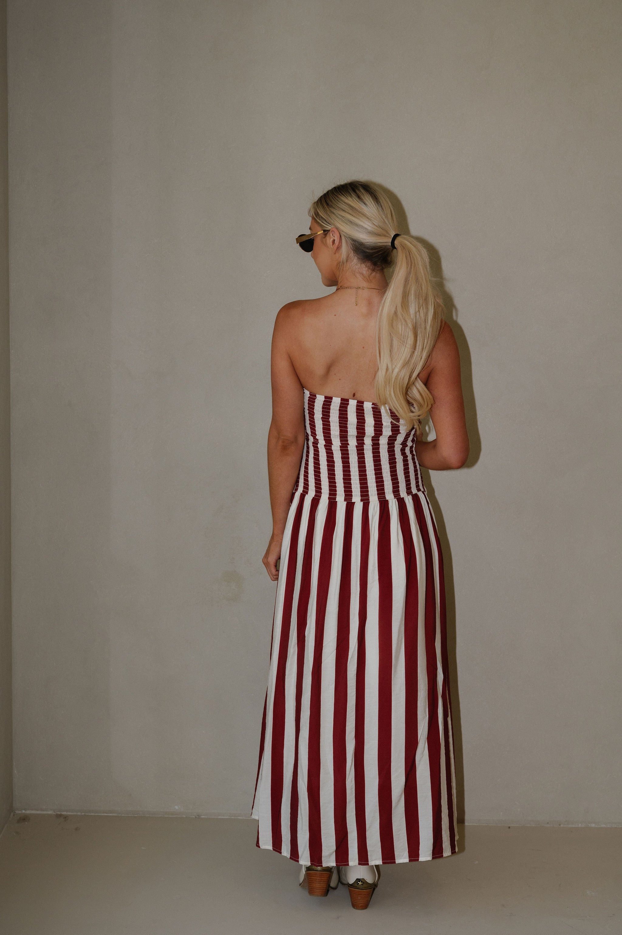 Vertical Stripe Strapless Midi Dress-Red