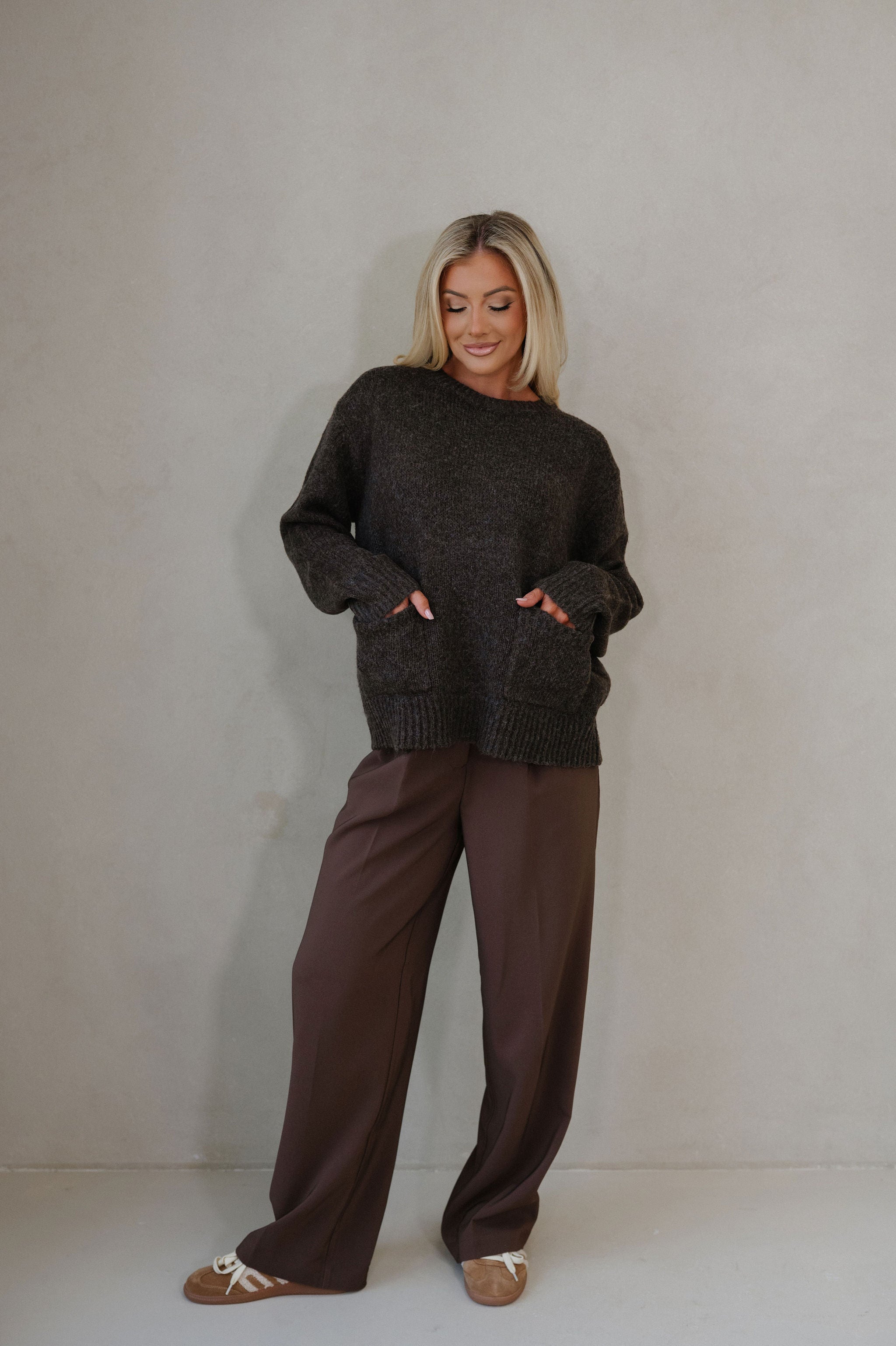 Front Patch Pocket Sweater-Dark Oak