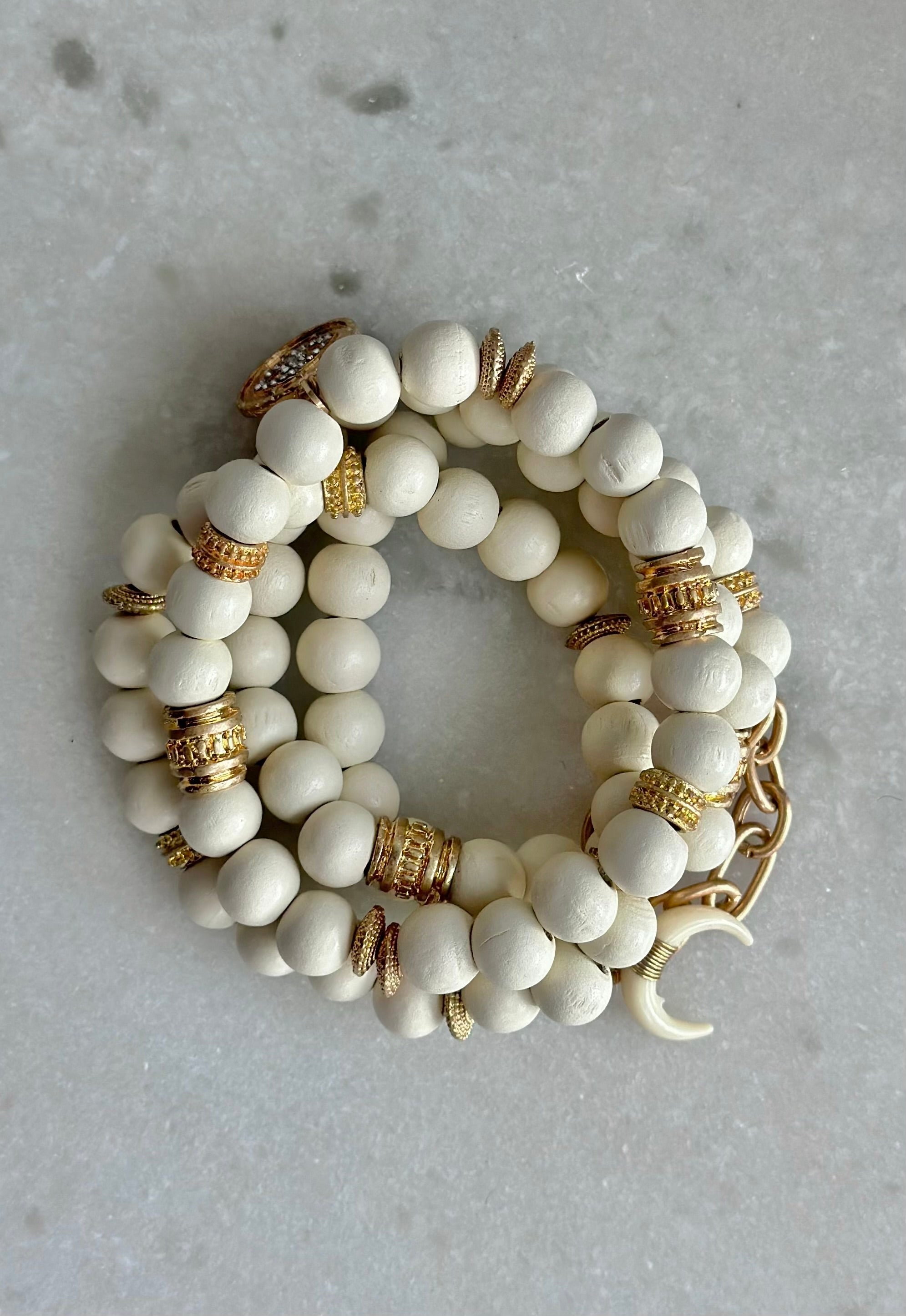 Beaded Charm Bracelet Set-Ivory