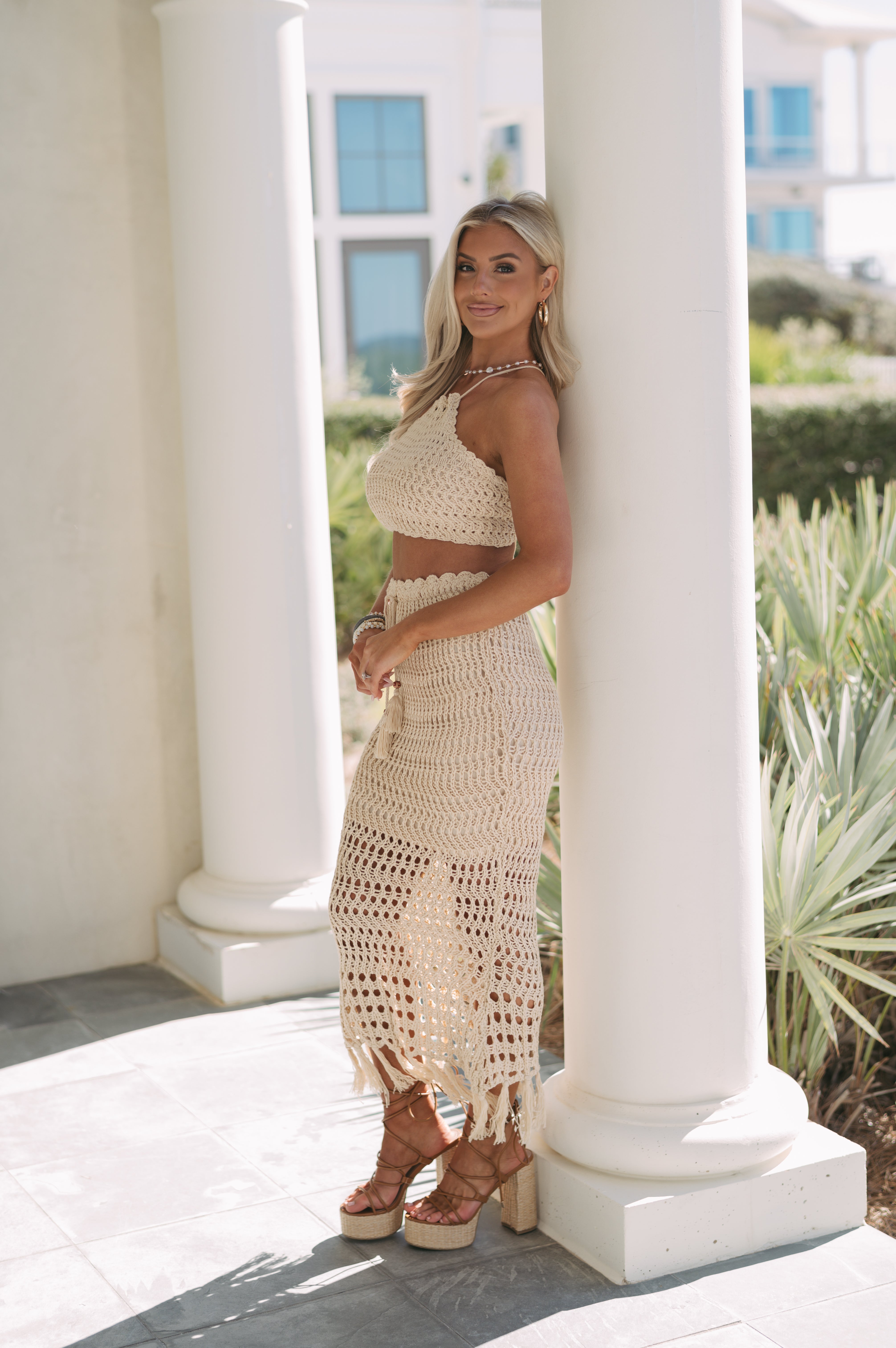 Claire Crochet Skirt Set- Light Taupe