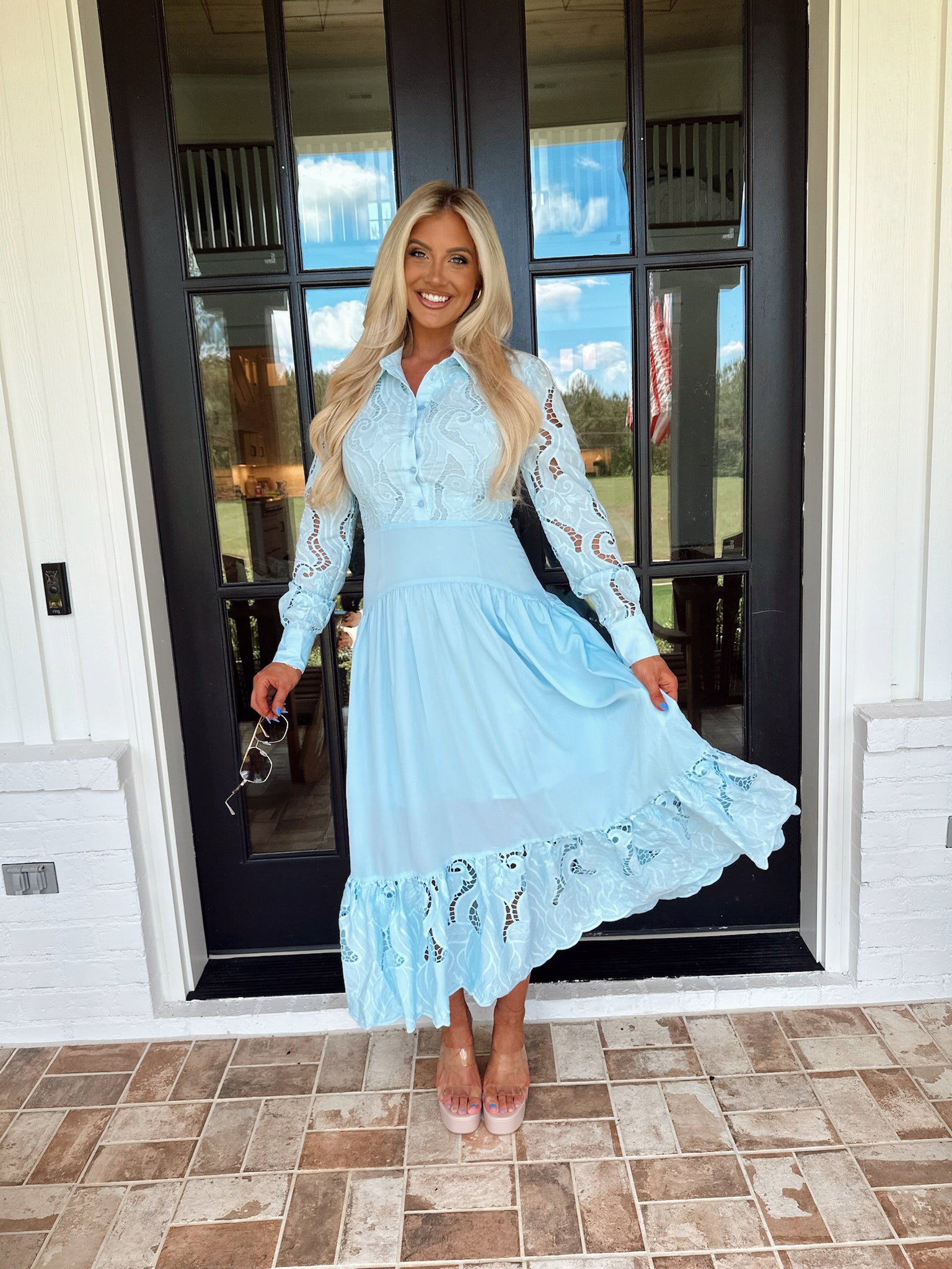 Woven Lace Tiered Ruffle Dress-Light Blue