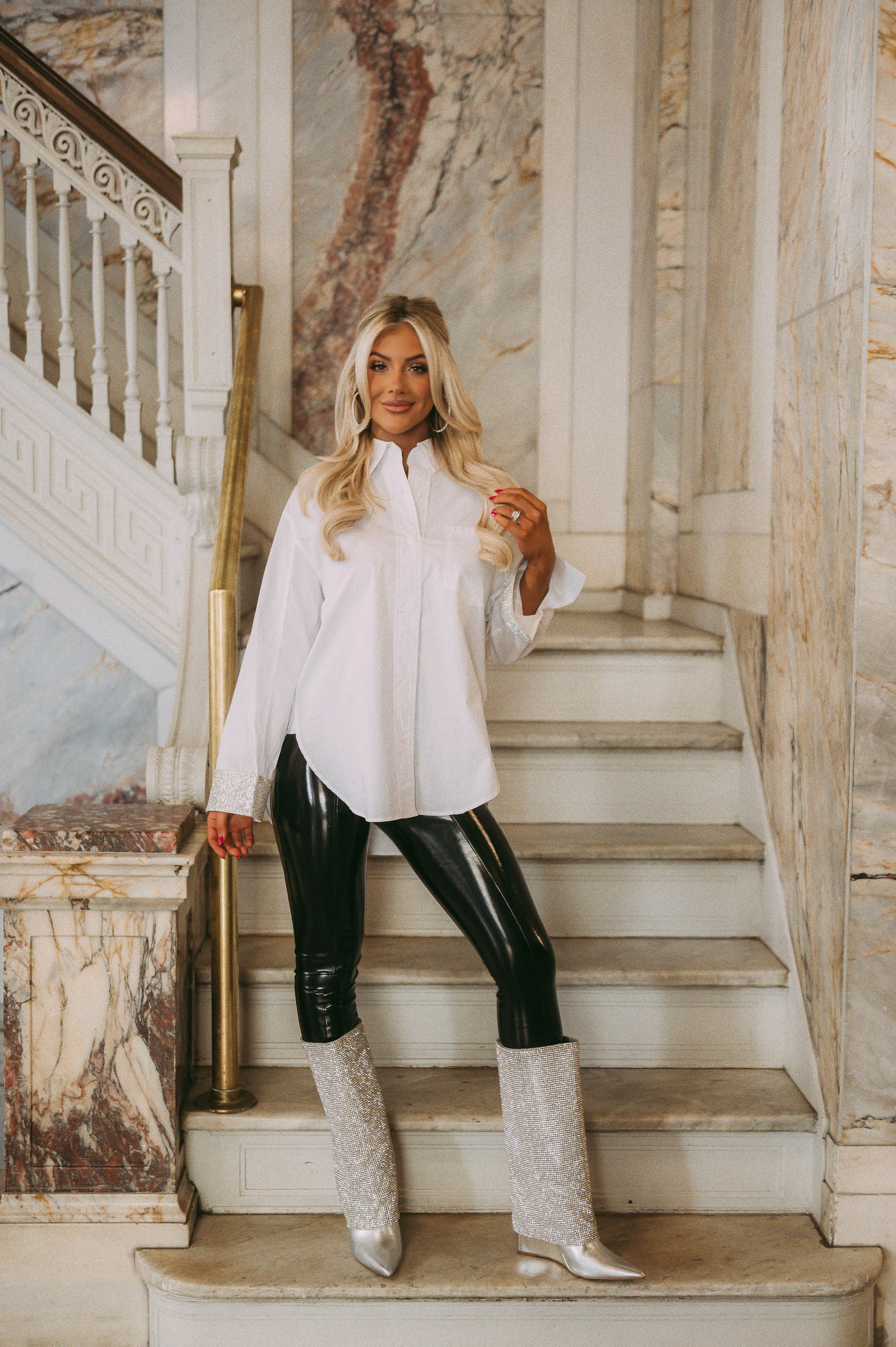 Rhinestone Cuffed Button Down- White