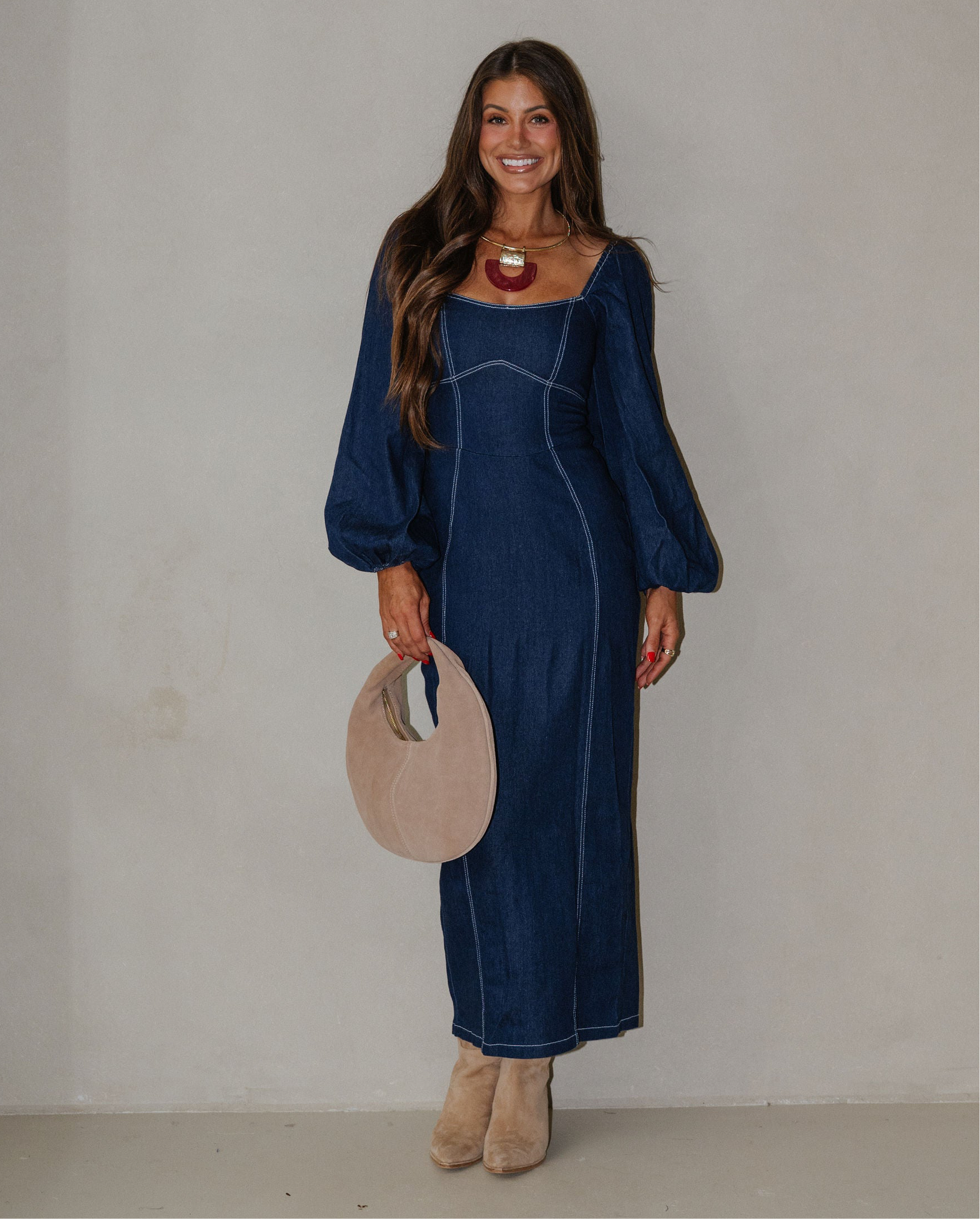 Balloon Sleeve Midi Dress-Indigo