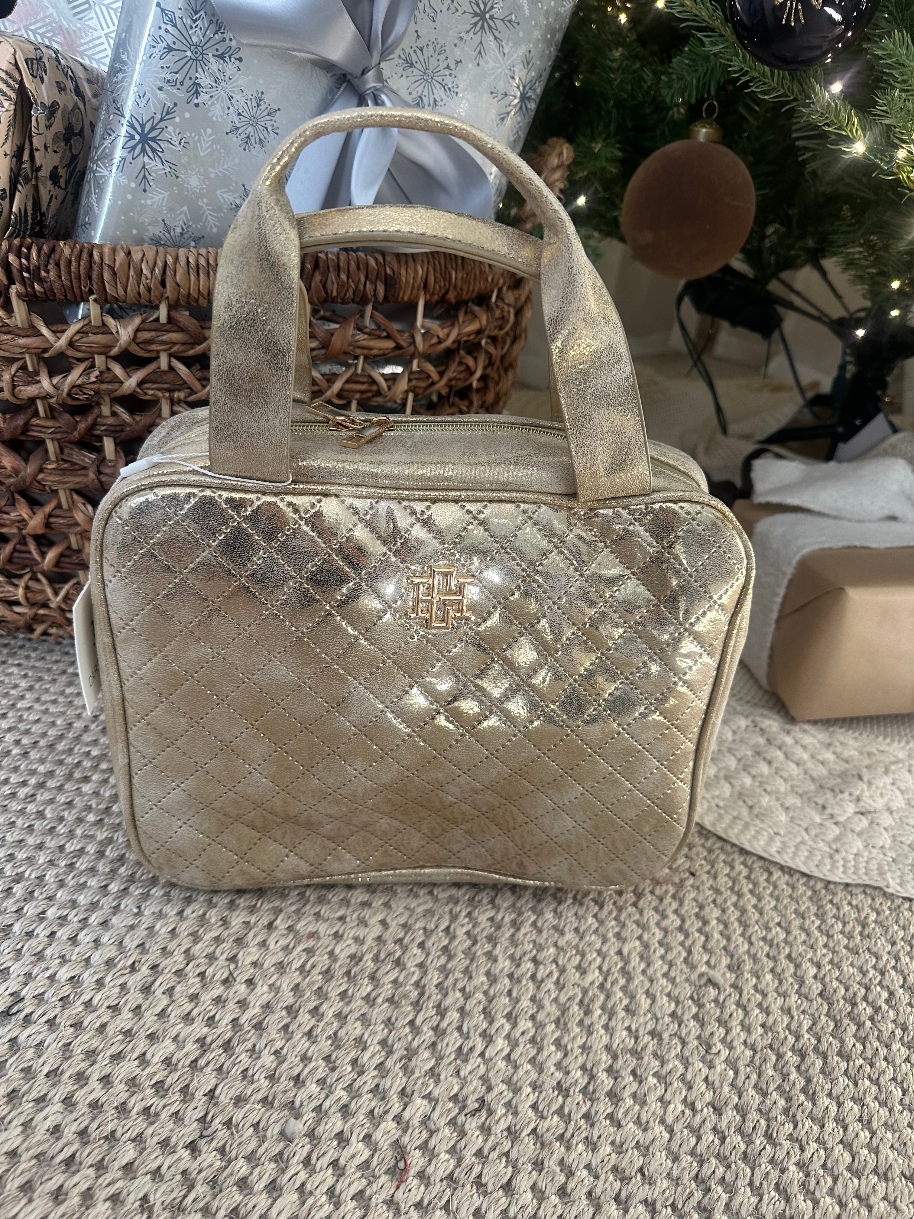 Patent Leather Quilted Makeup Bag- Champagne