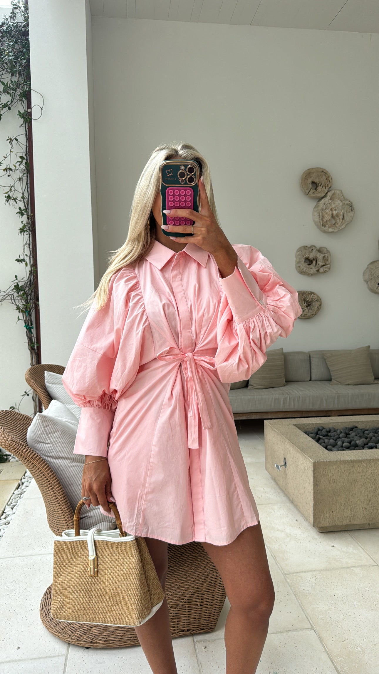 Puff Sleeve Mini Poplin Dress-Soft Pink