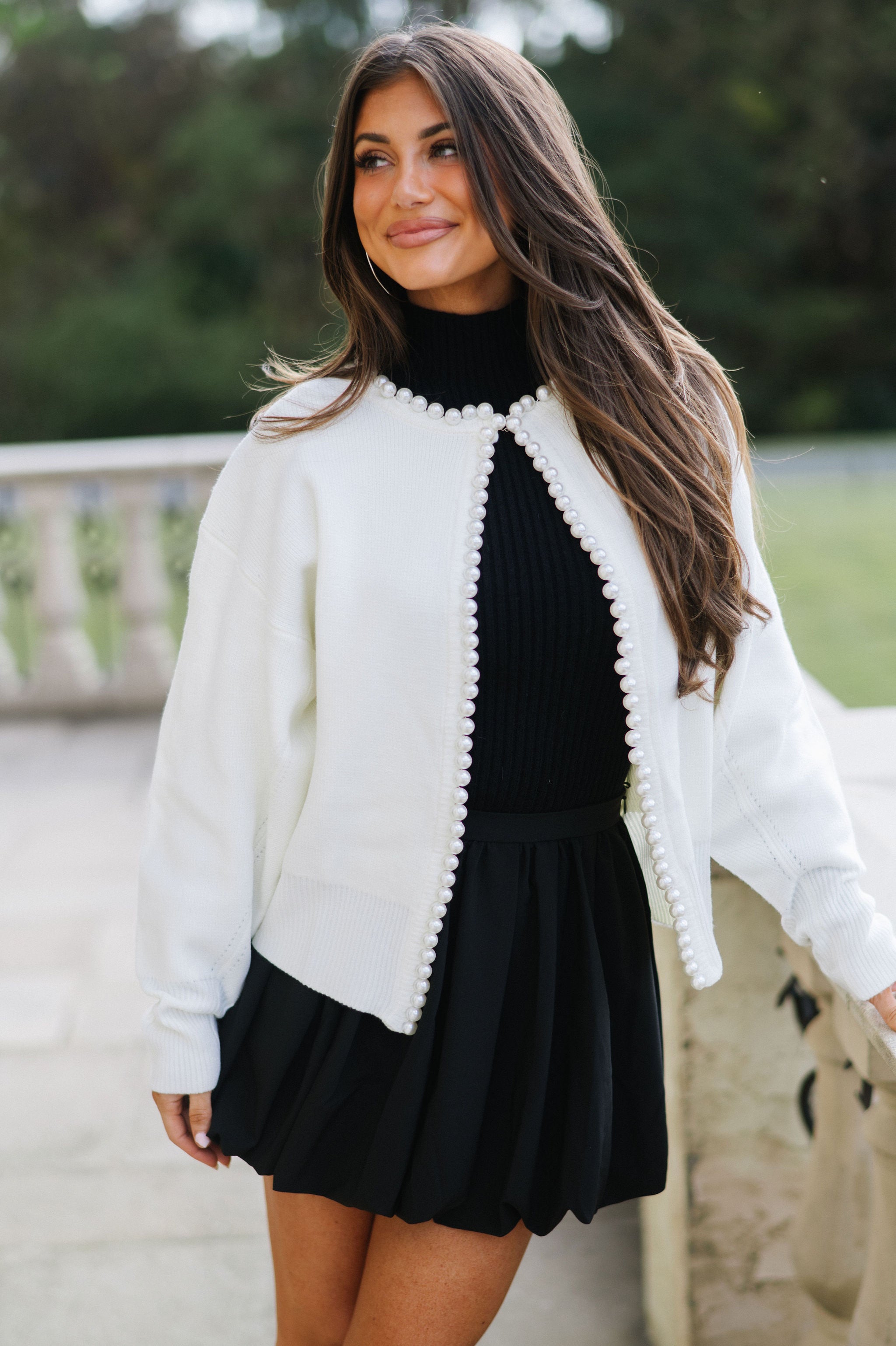 Pearl Trim Sweater Cardigan-Ivory