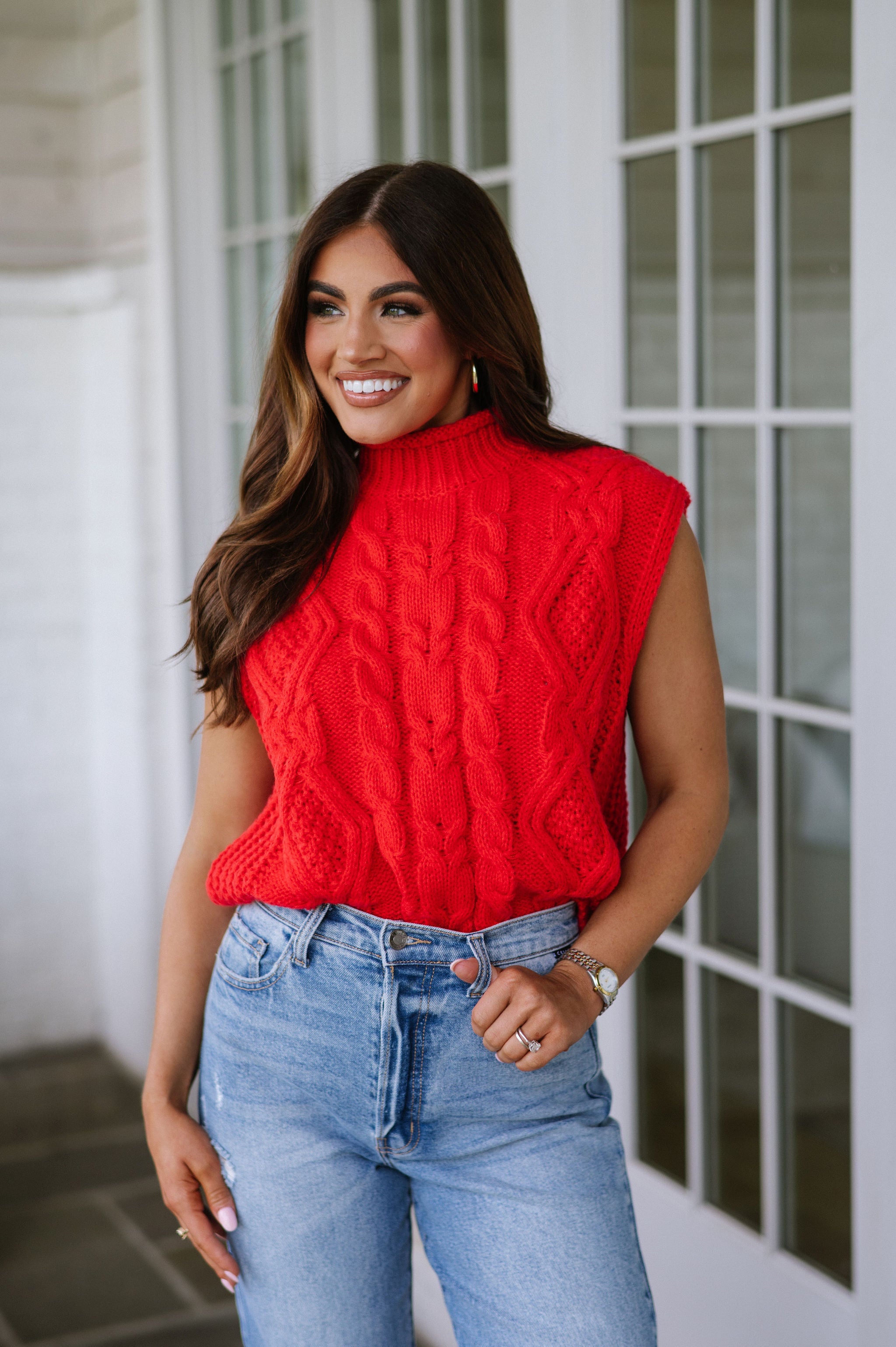 Chunky Cable Knit Turtleneck- Red