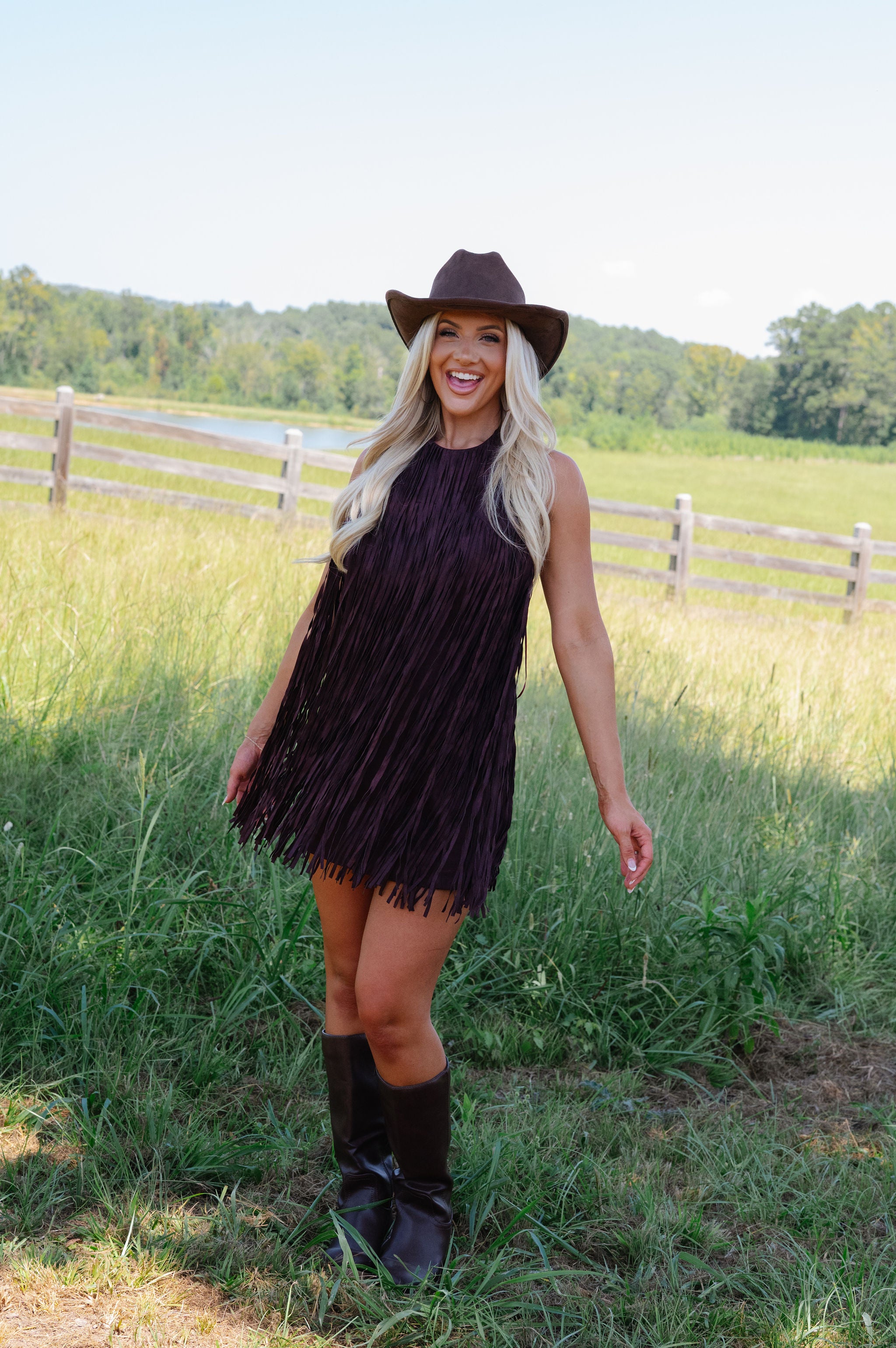 Kai Mini Suede Fringe Dress-Black Cherry