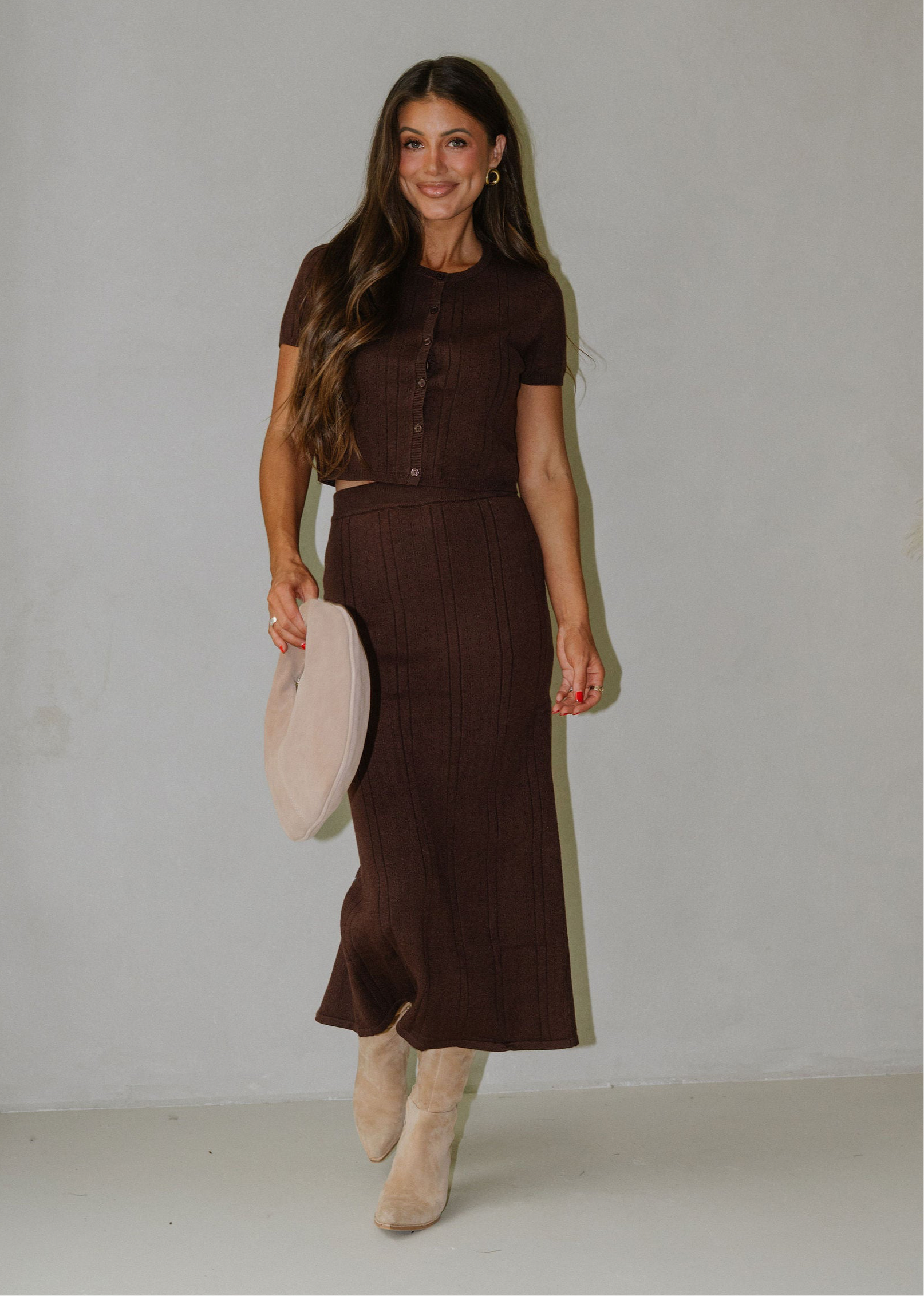 Ryan Pointelle Skirt Set-Brown