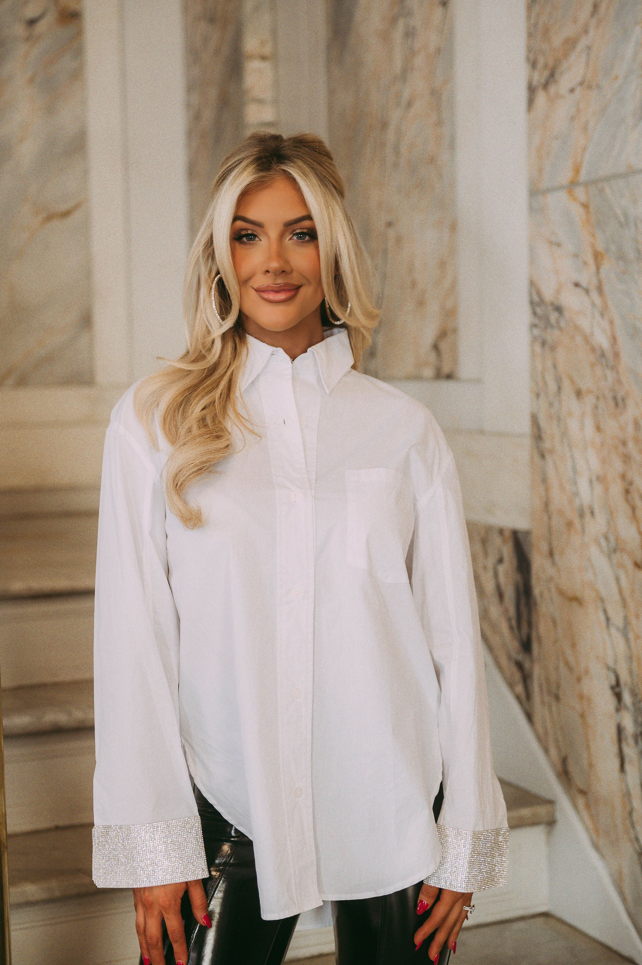 Rhinestone Cuffed Button Down- White
