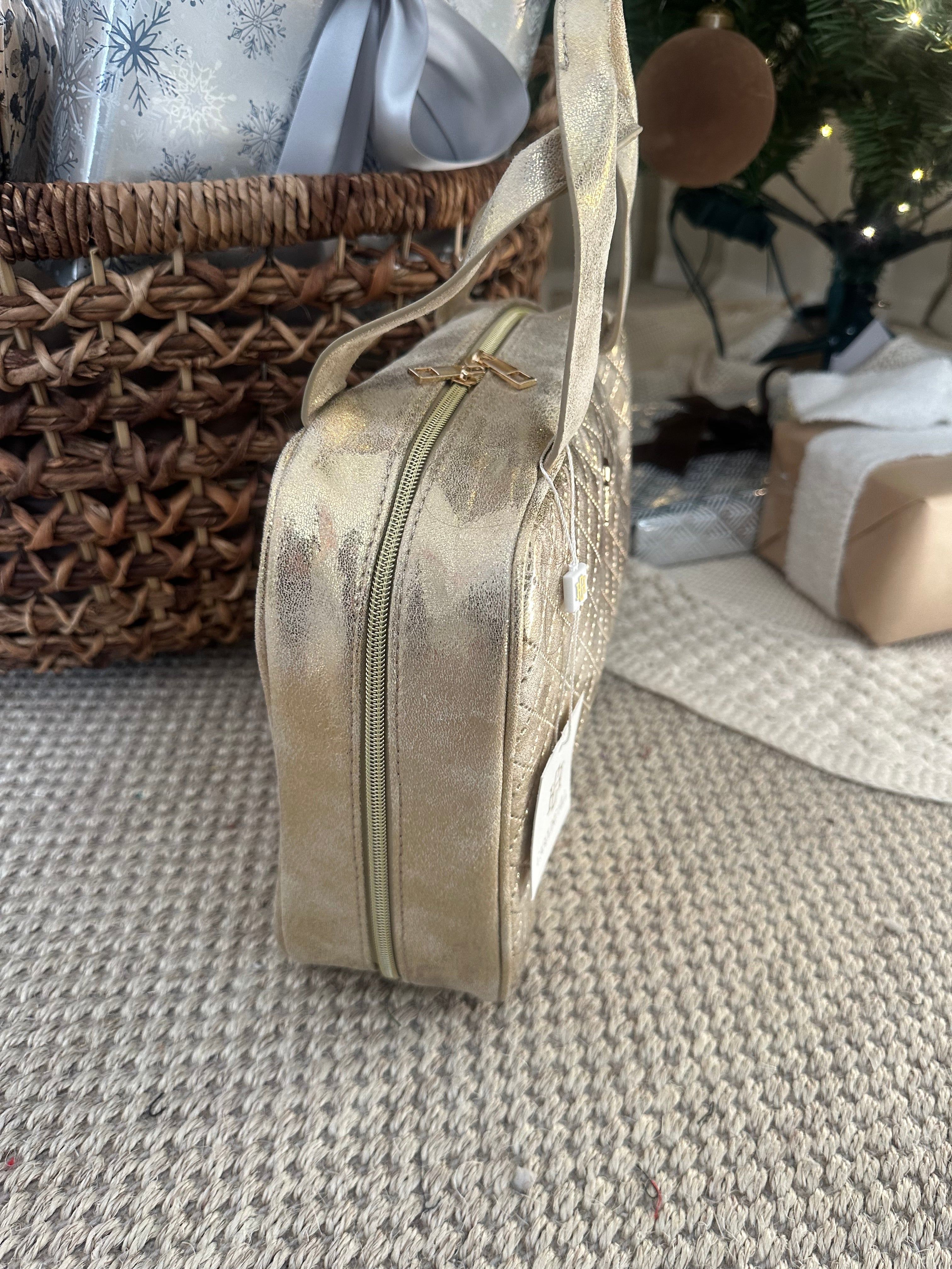 Patent Leather Quilted Makeup Bag- Champagne
