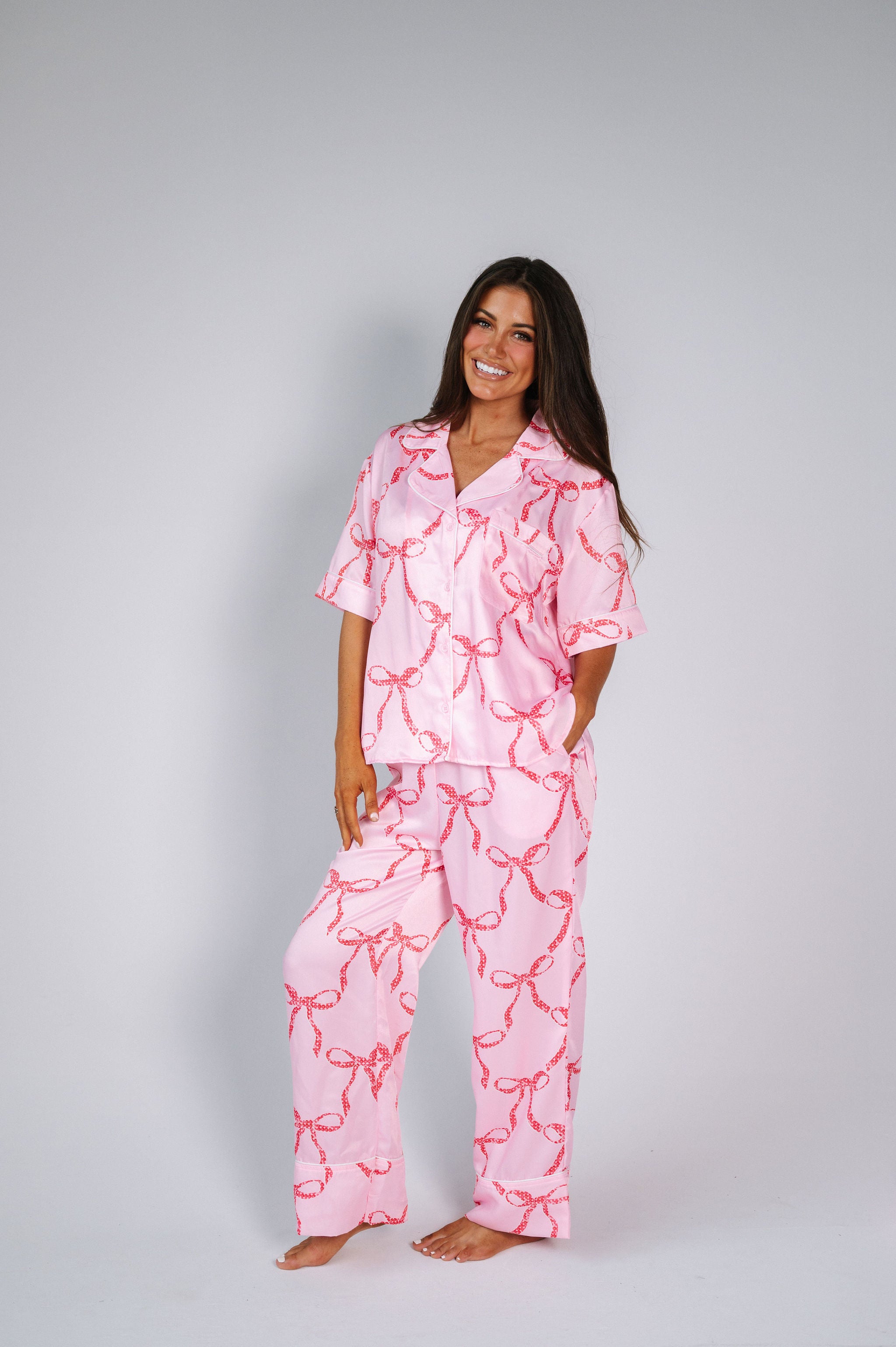 Sequin Ribbon Pajama Pant Set-Red/Pink