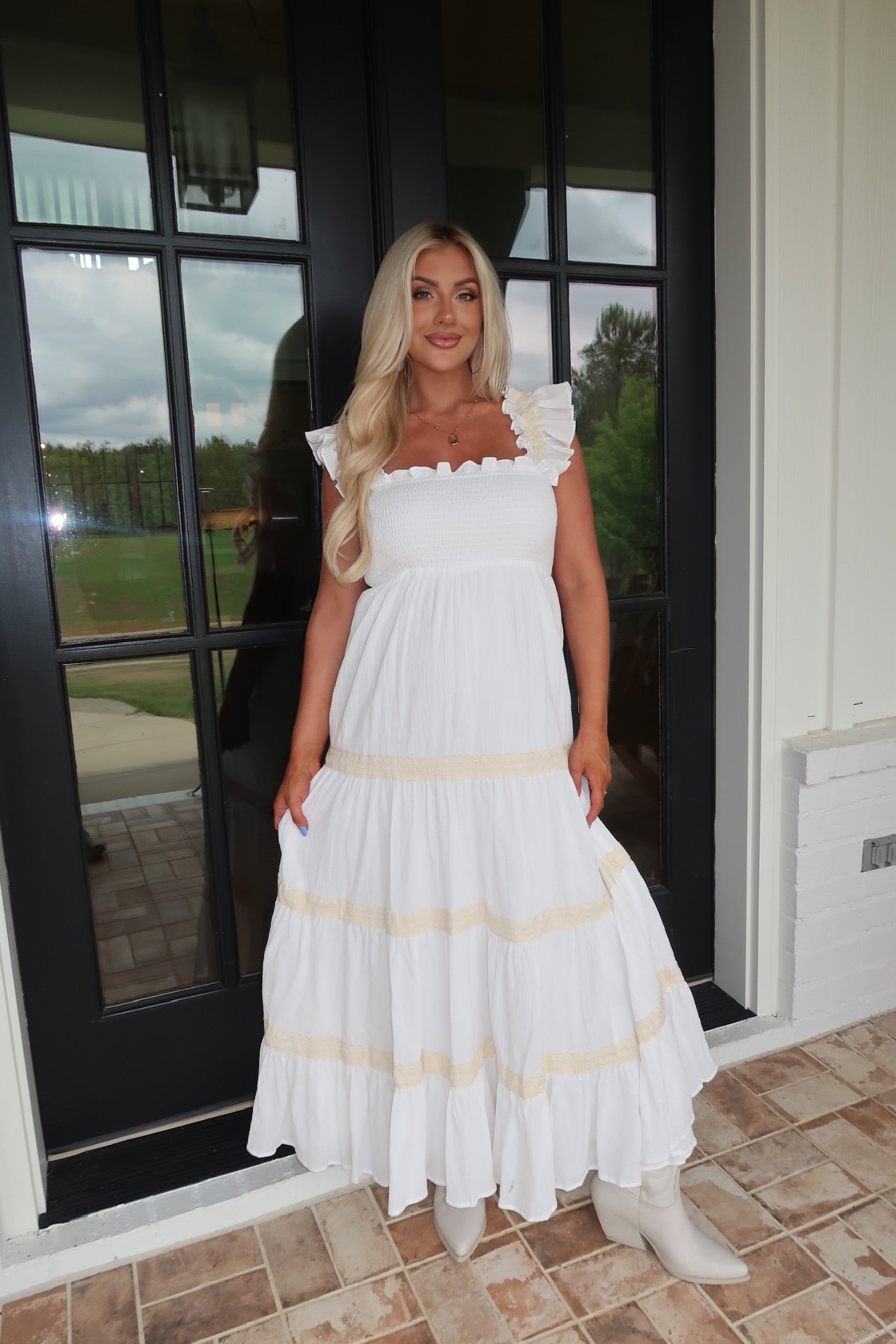 Smocked Ruffle Midi Dress-Off White