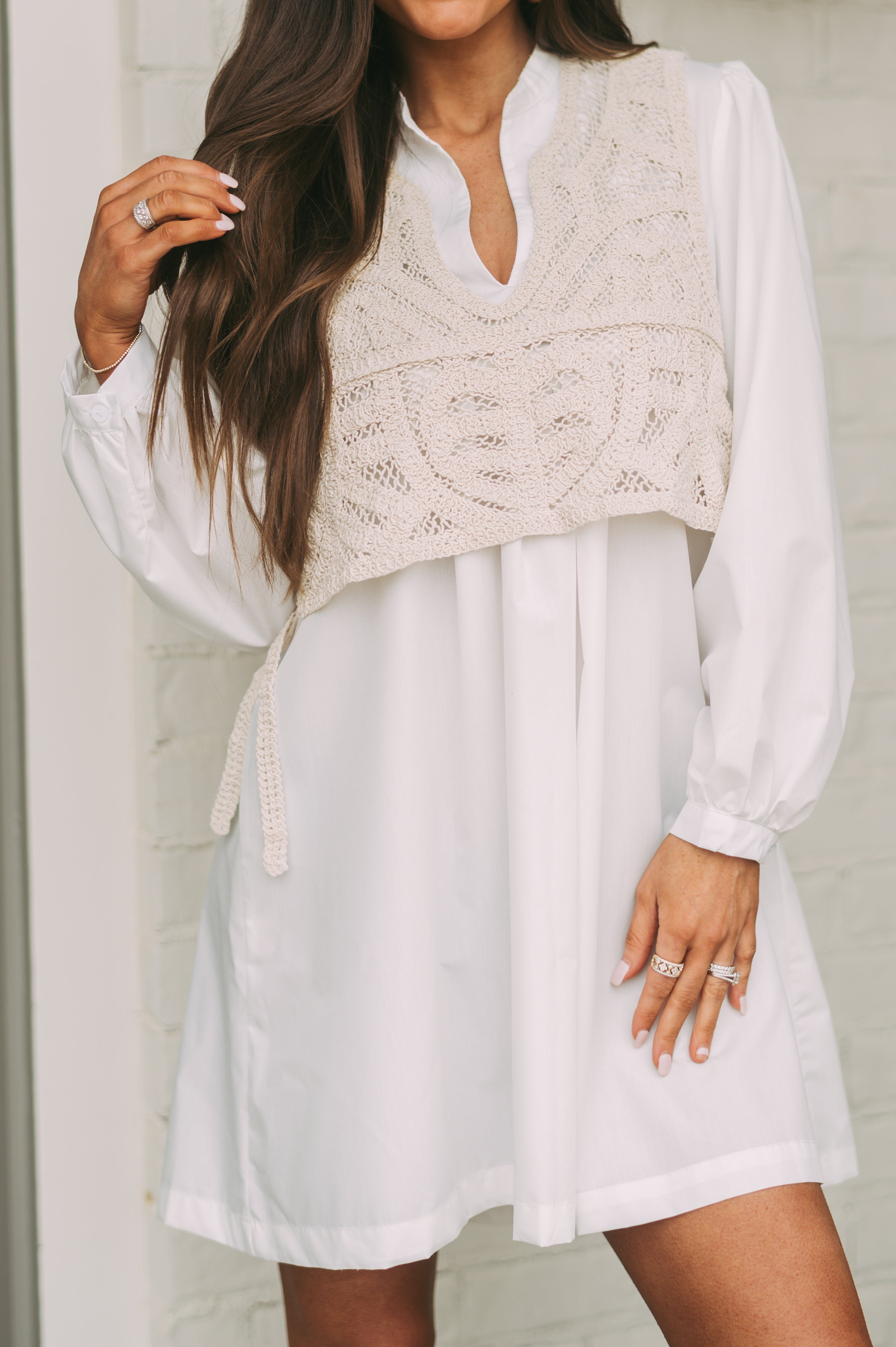 Noah Crochet Babydoll Shirt Dress- White