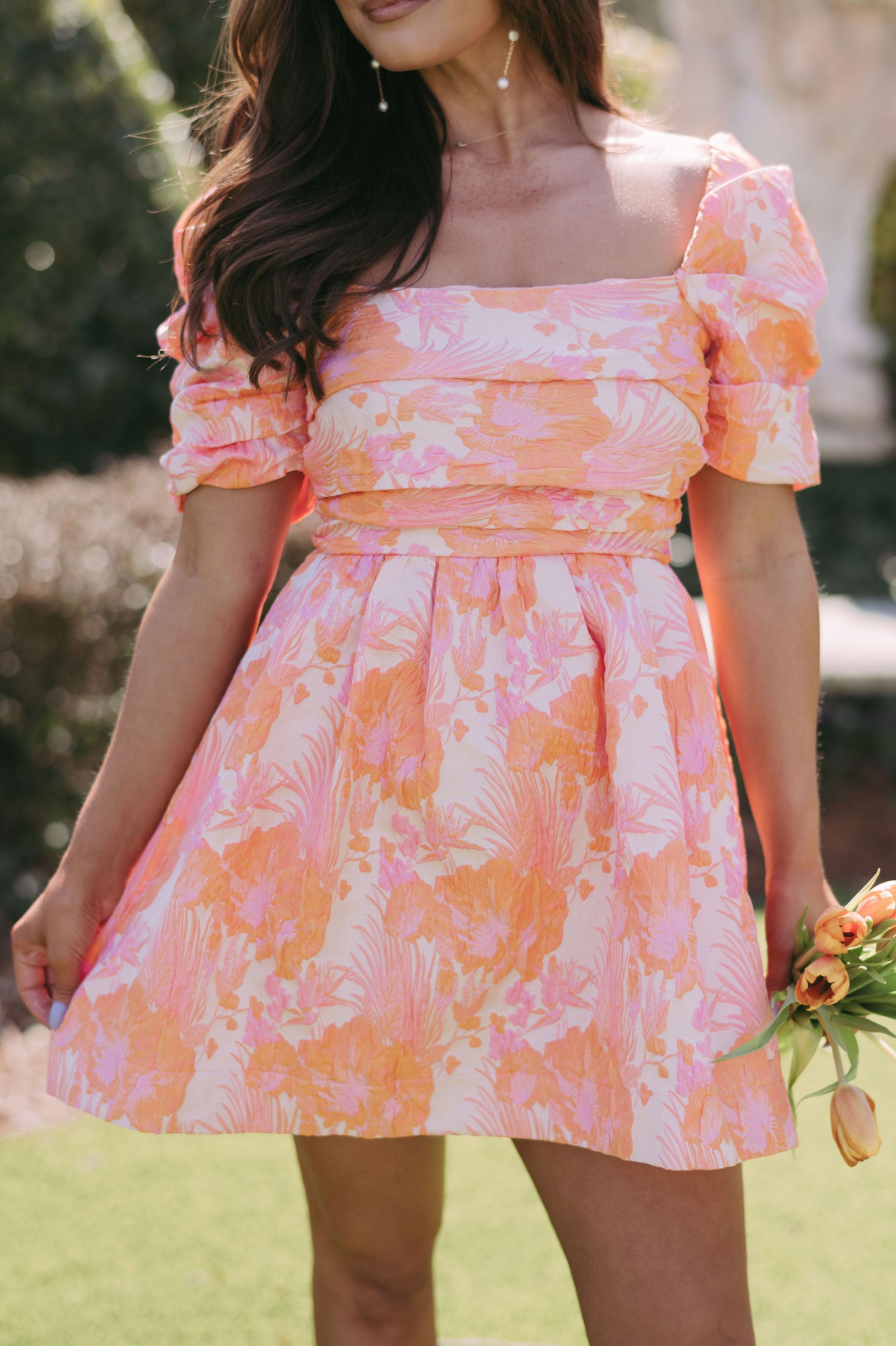 Floral Jacquard Puff Sleeve Dress- Pink/Orange