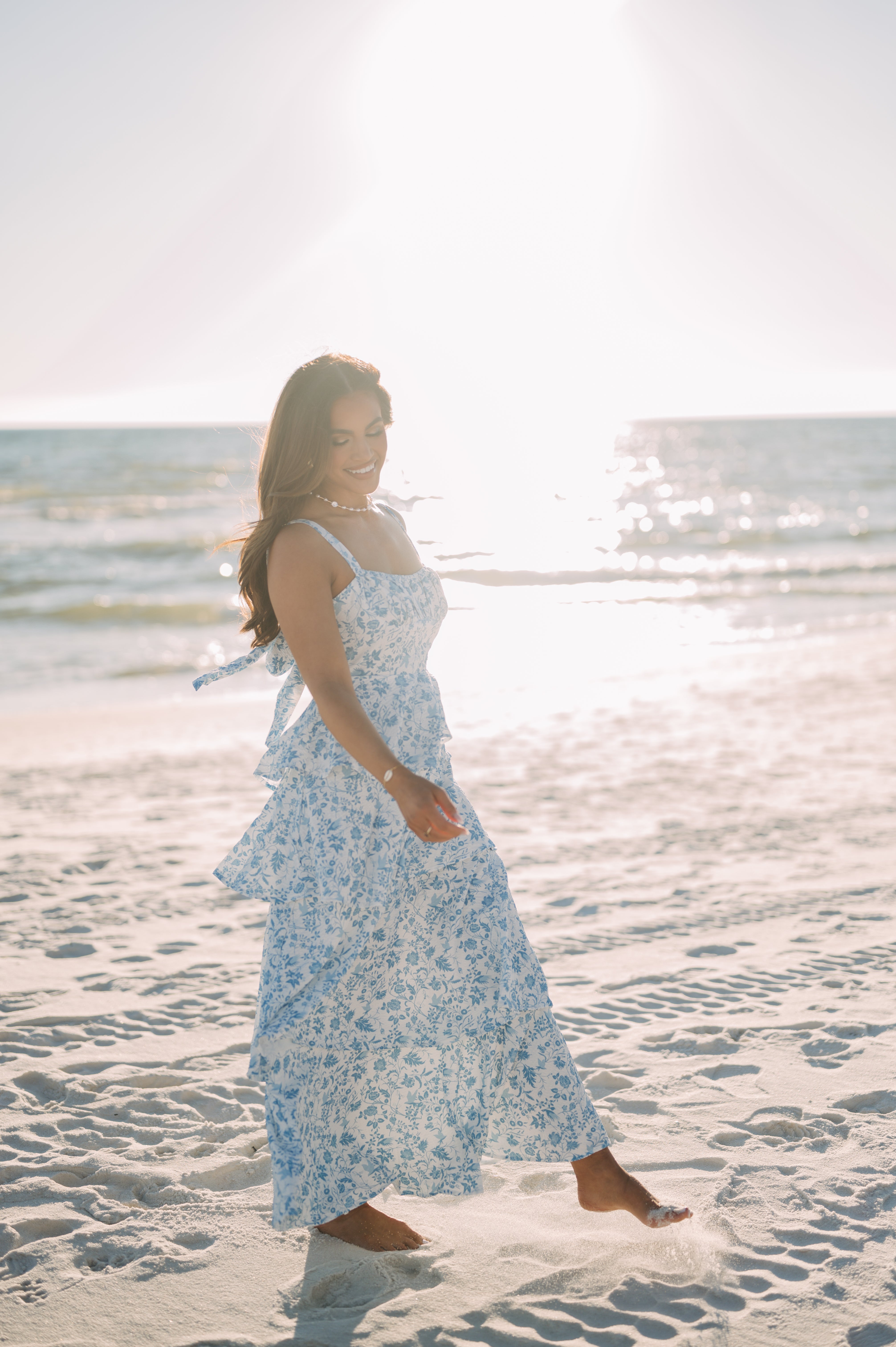 Adler Tiered Ruffle Dress- White/Blue