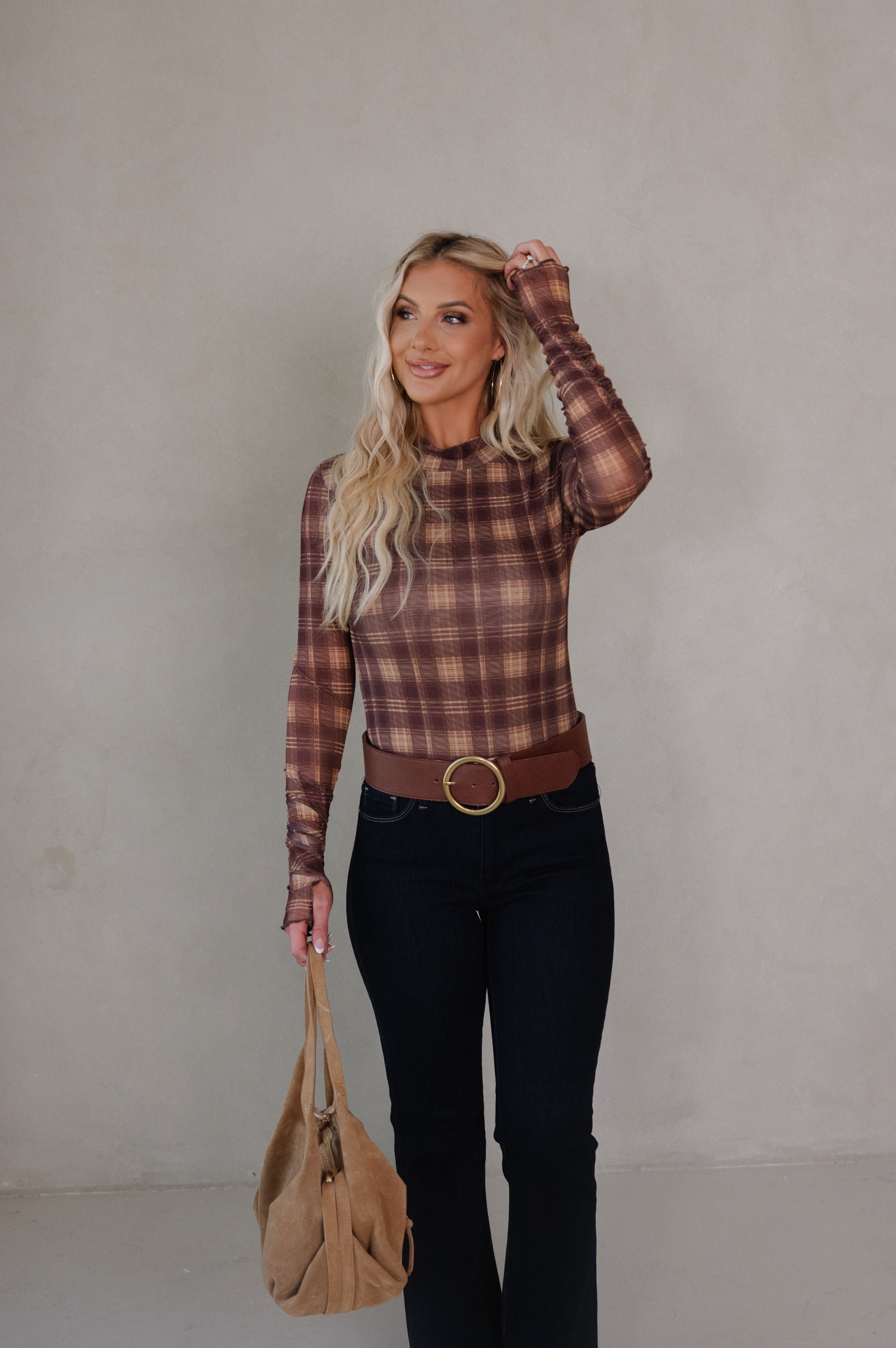 Plaid Print Bodysuit-Brown/Butter