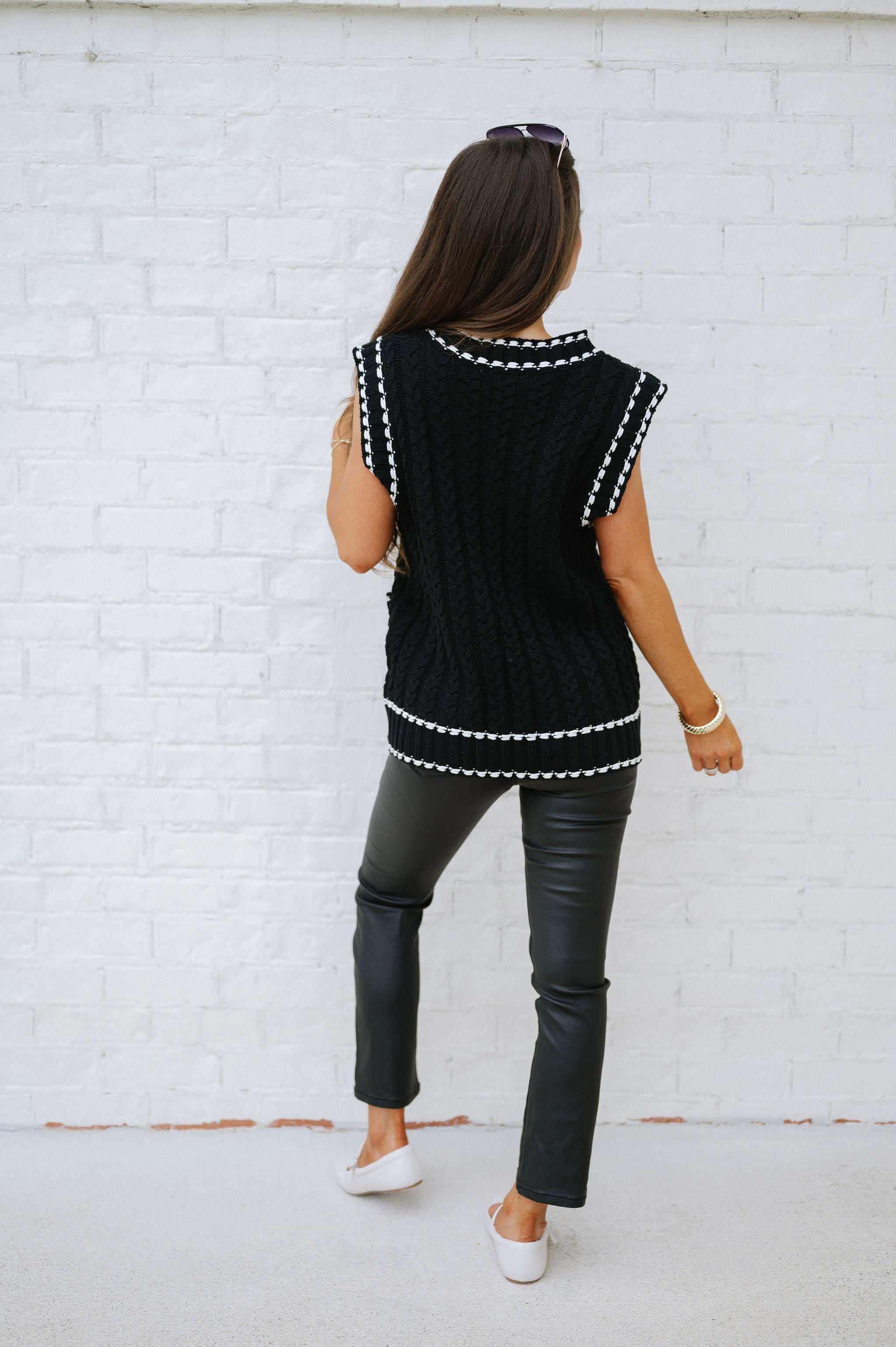 Cable Knit Sweater Vest - Black/White