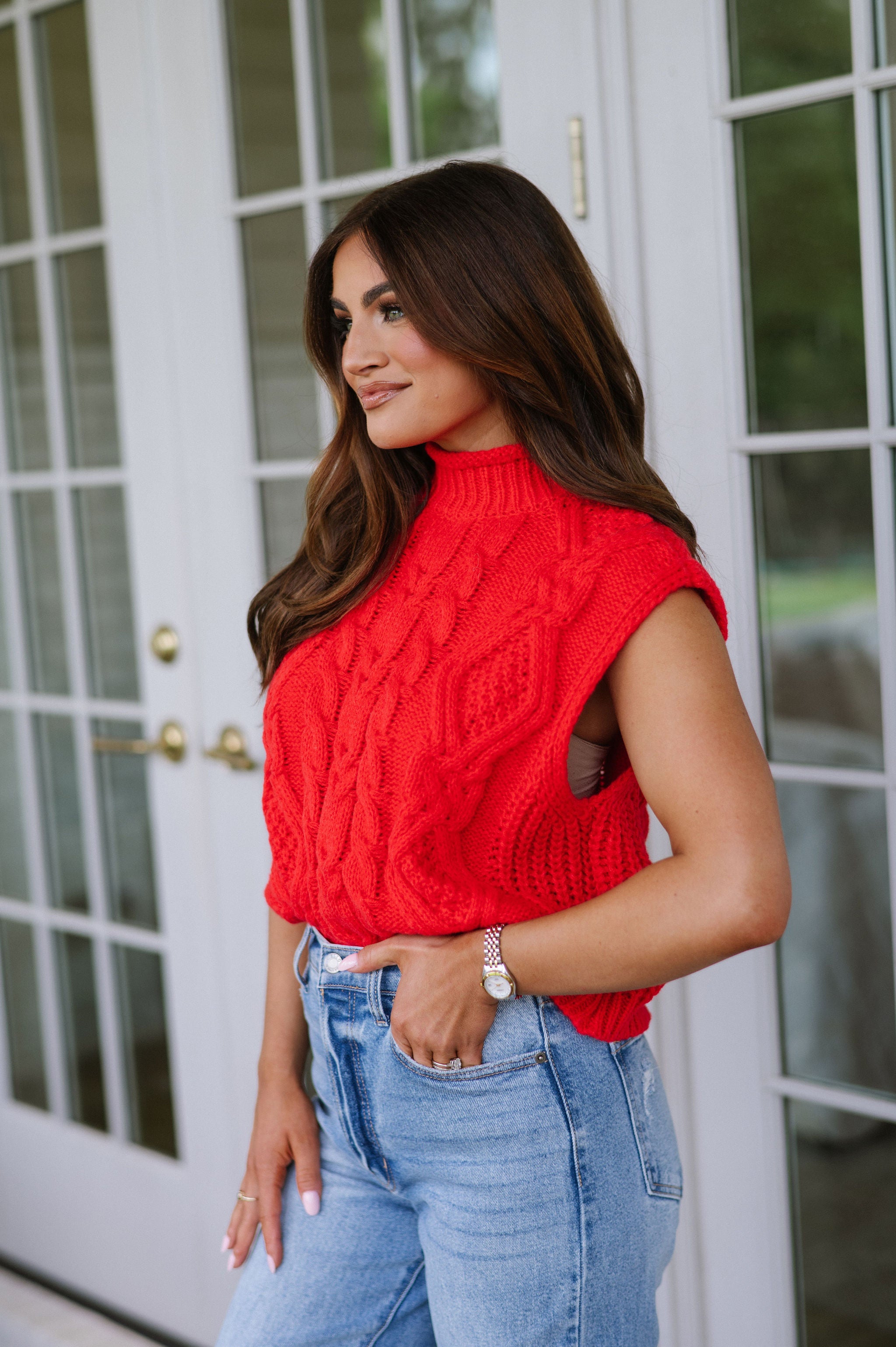 Chunky Cable Knit Turtleneck- Red