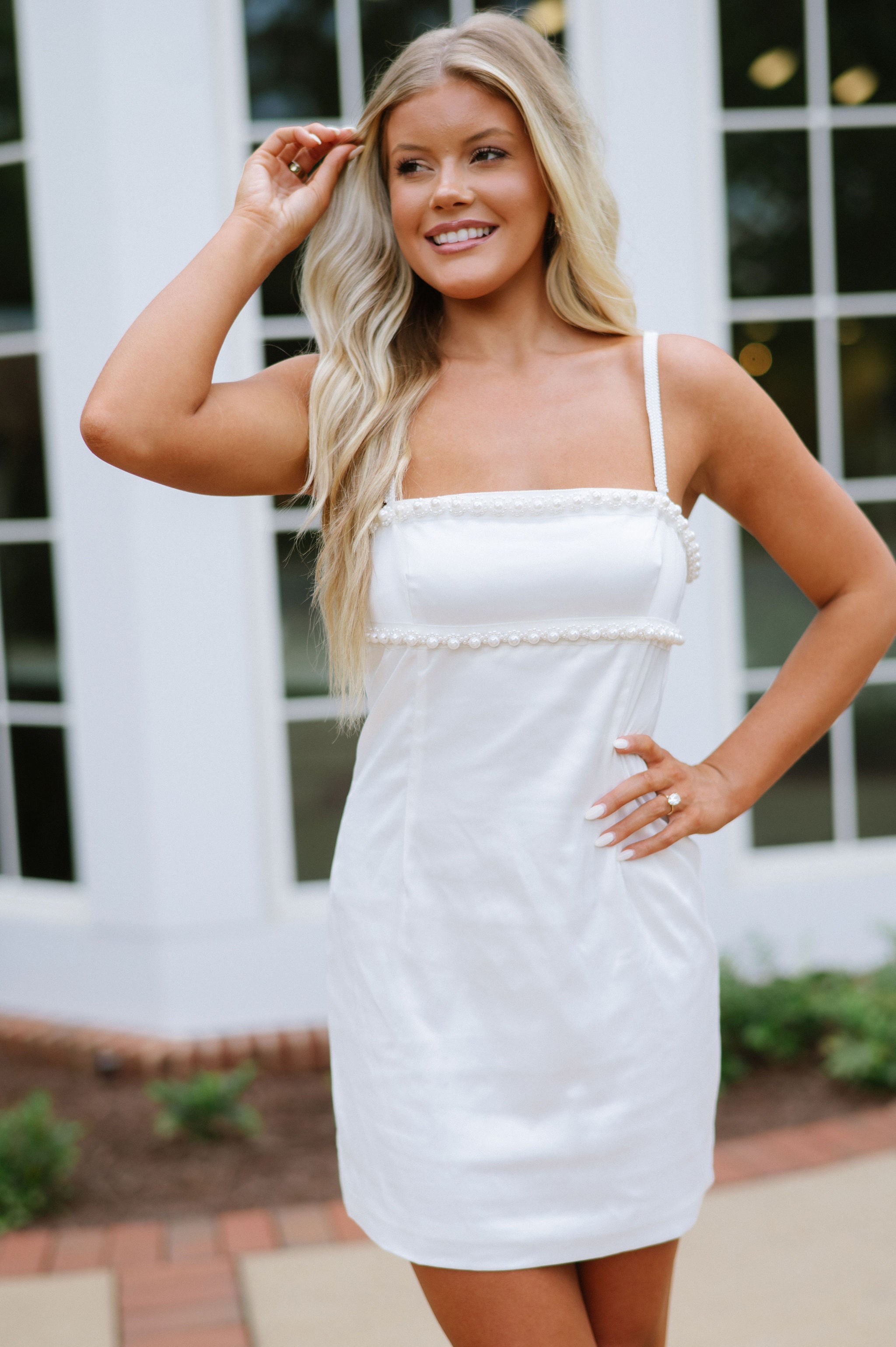 Beaded Trim Mini Dress-White