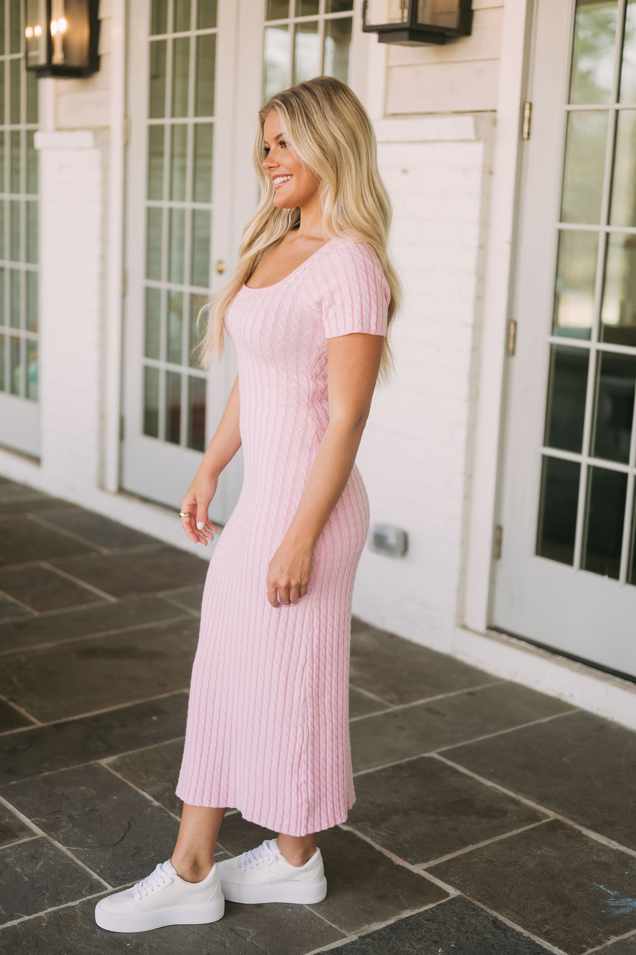 Cable Knit Short Sleeve Maxi Dress- Light Pink