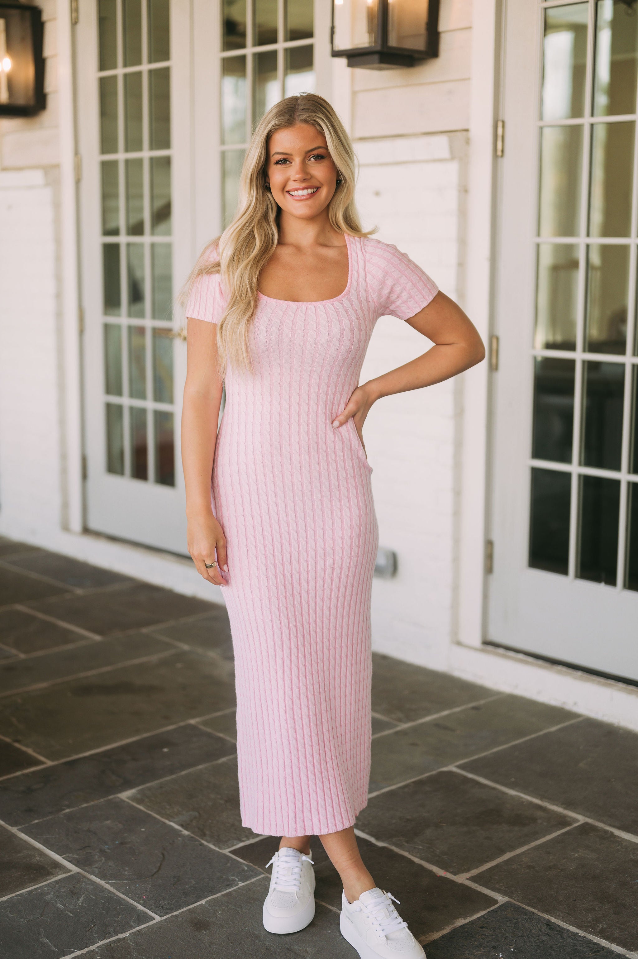 Cable Knit Short Sleeve Maxi Dress- Light Pink
