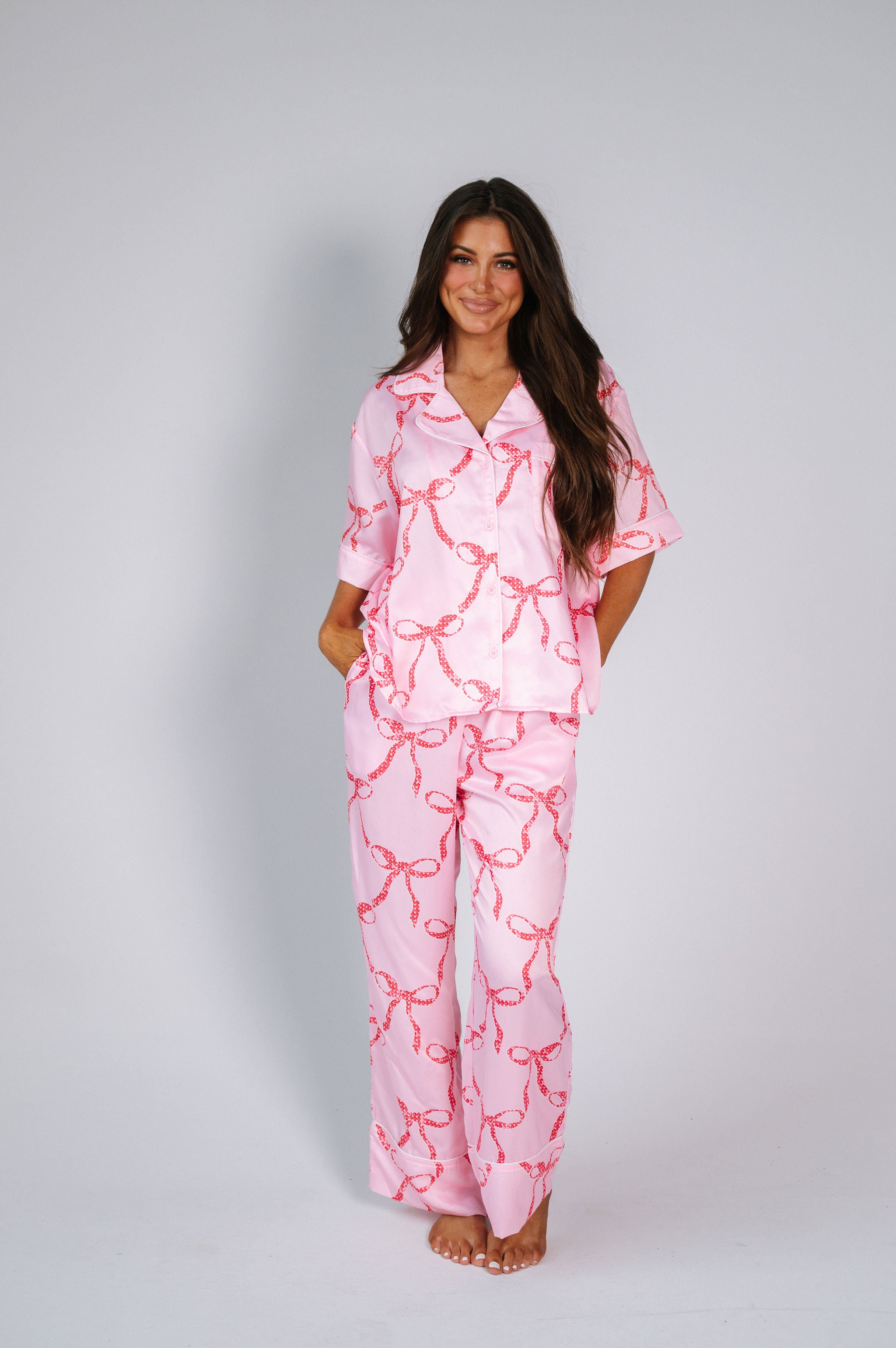 Sequin Ribbon Pajama Pant Set-Red/Pink