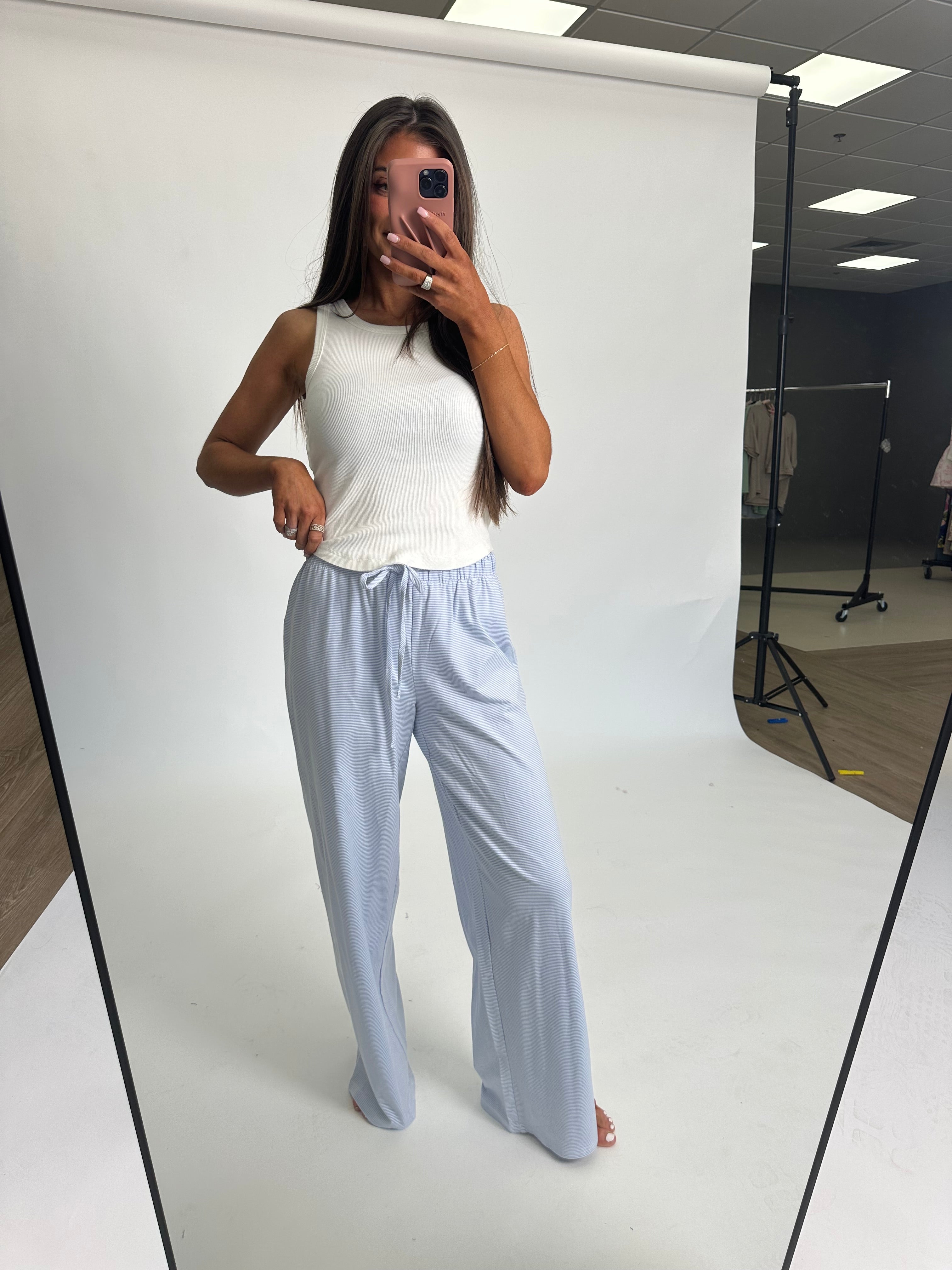 Cozy Striped Lounge Pants-Light Blue/White