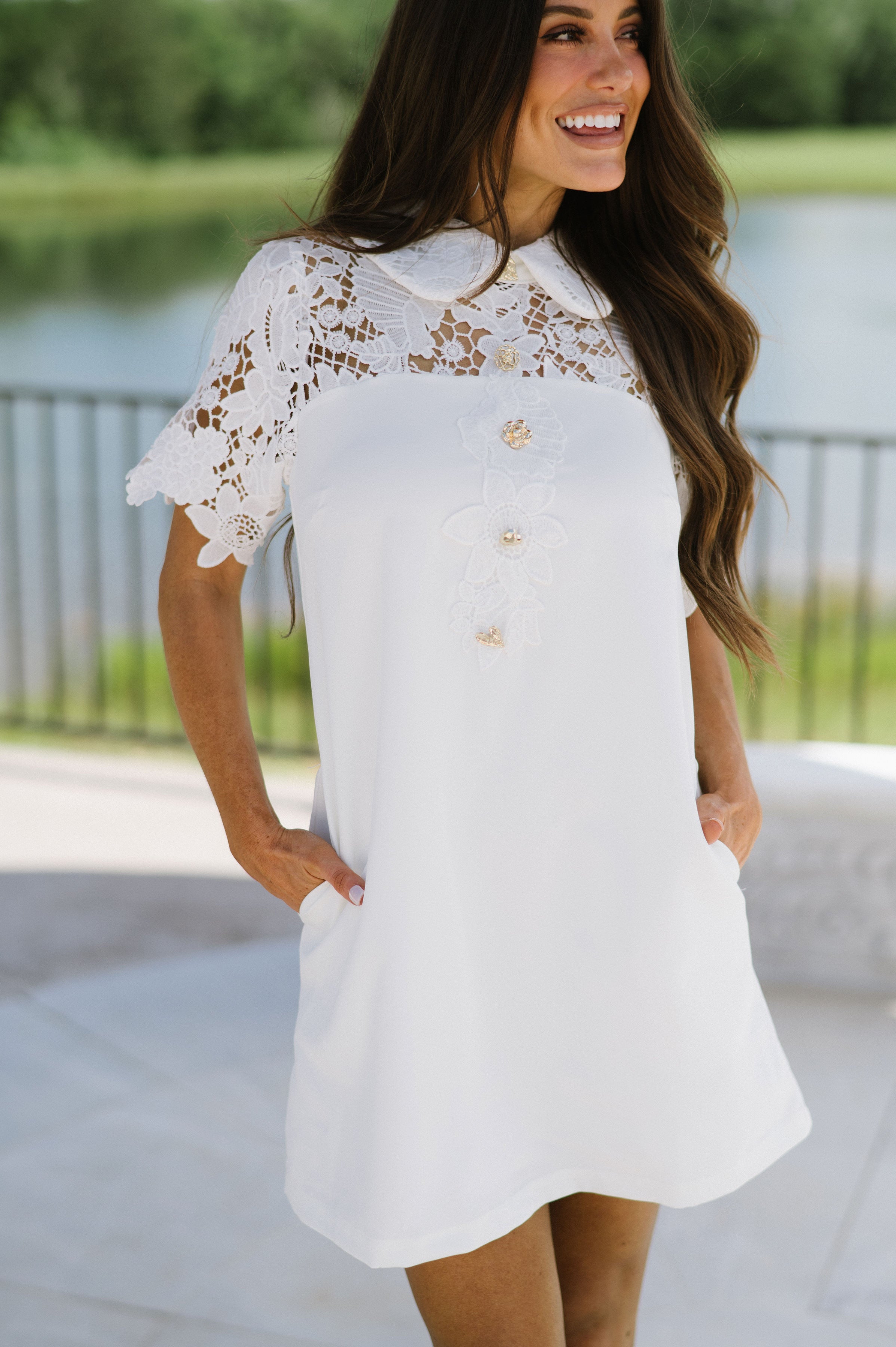 Short Sleeve Floral Lace Dress-White