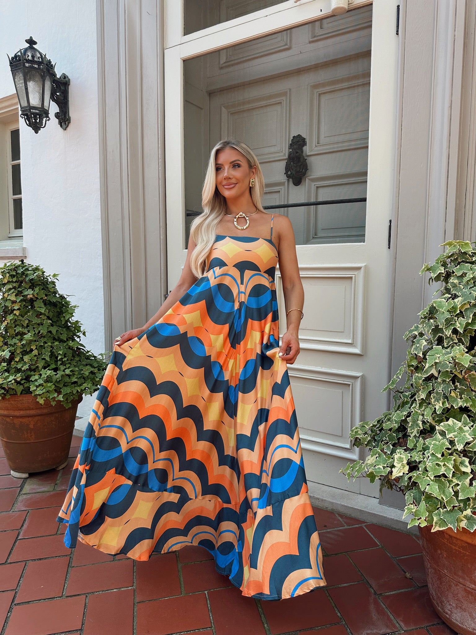 Retro Mix Midi Dress-Orange/Blue