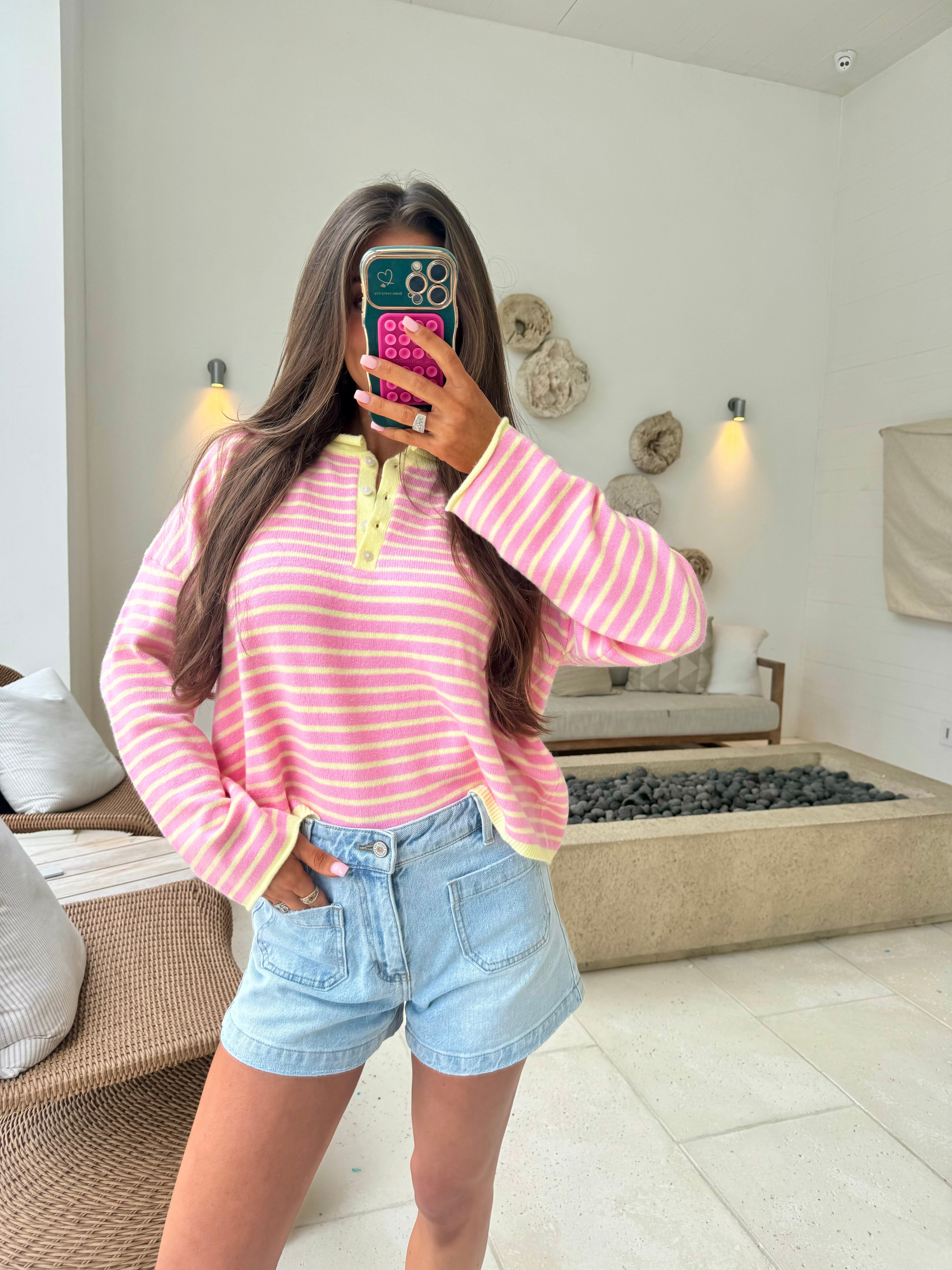 Liz Striped Henley Sweater-Pink/Yellow