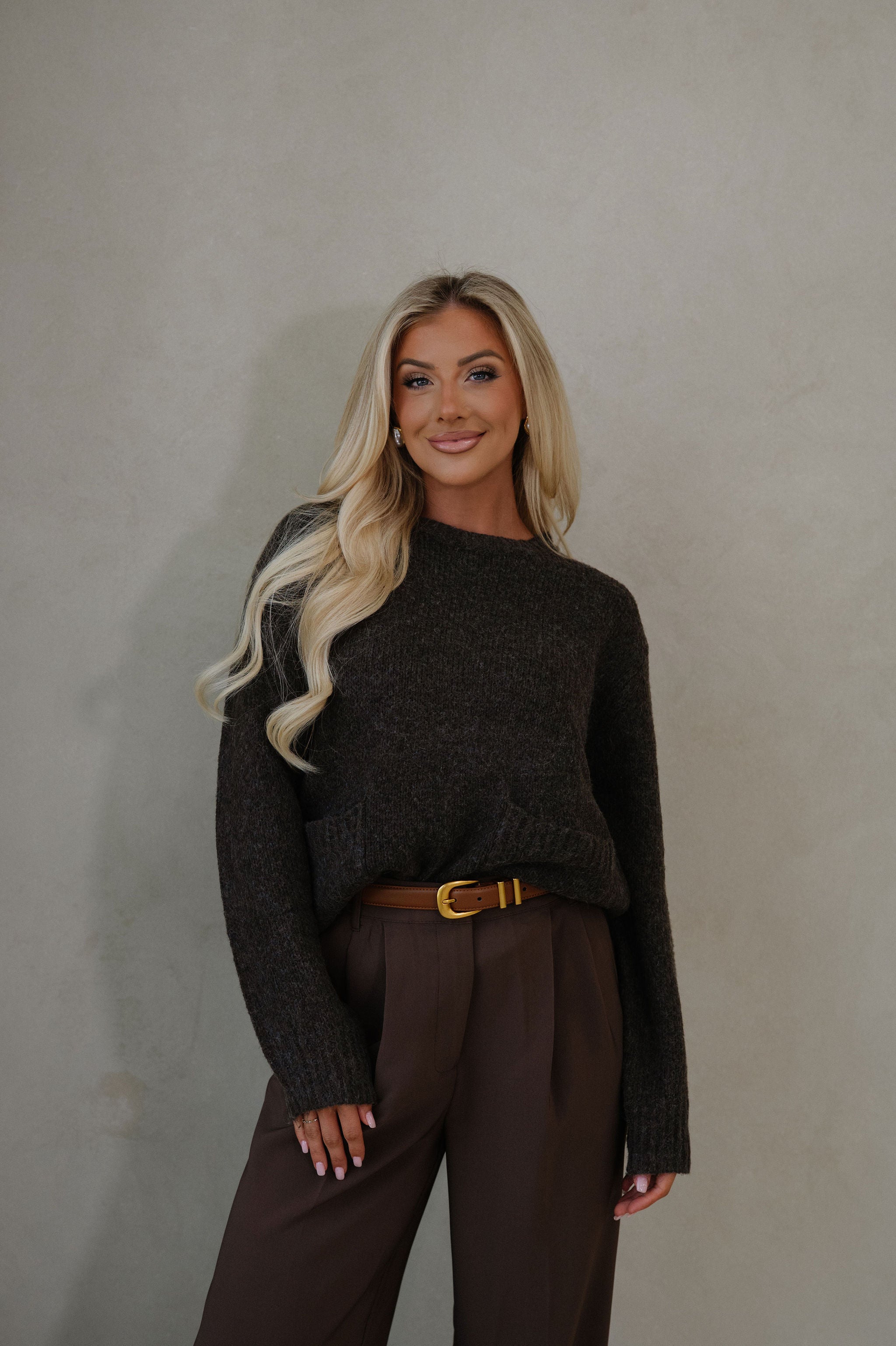 Front Patch Pocket Sweater-Dark Oak