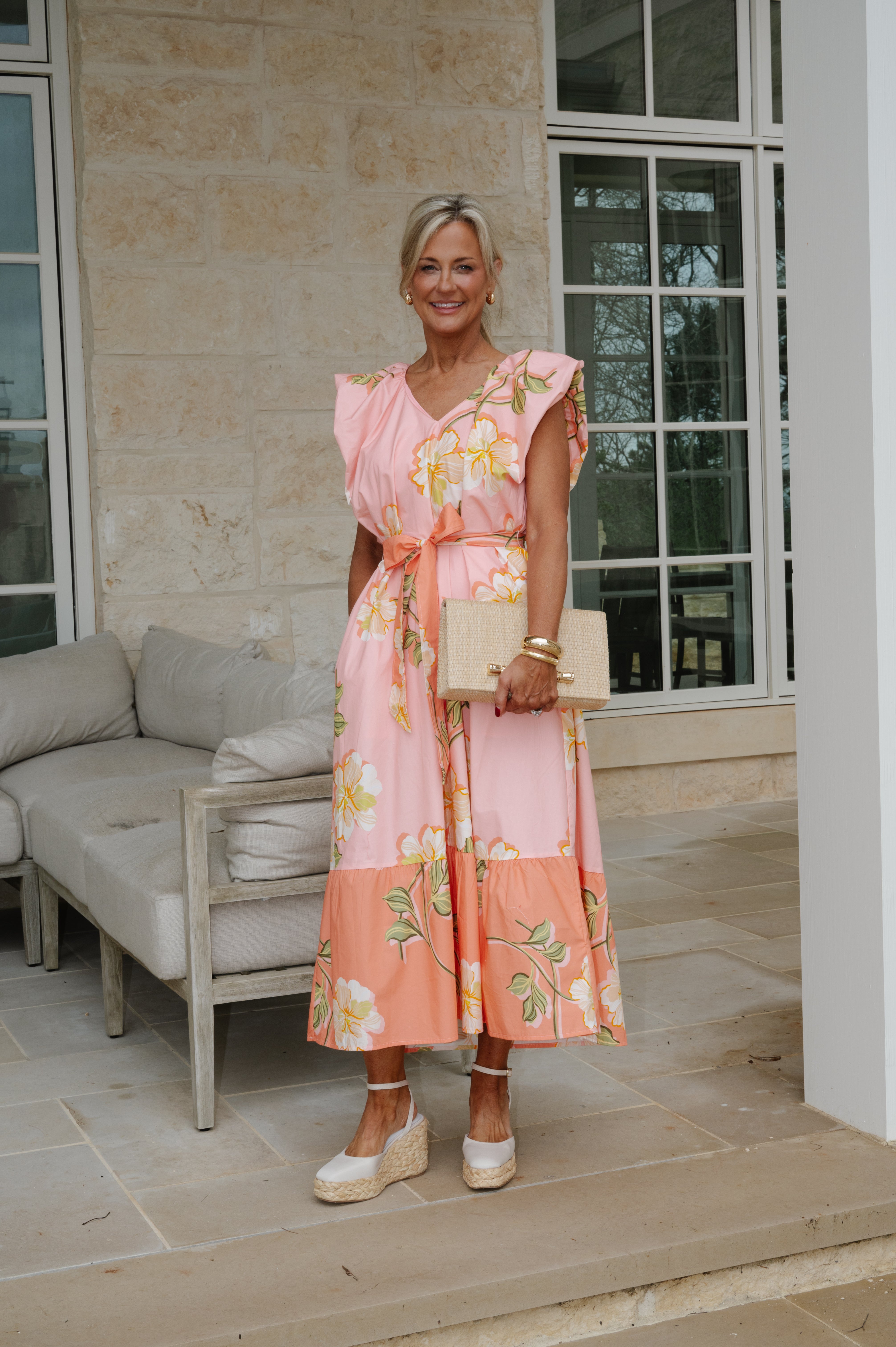 Hibiscus Ruffle Tiered Midi Dress-Pink/Coral Multi
