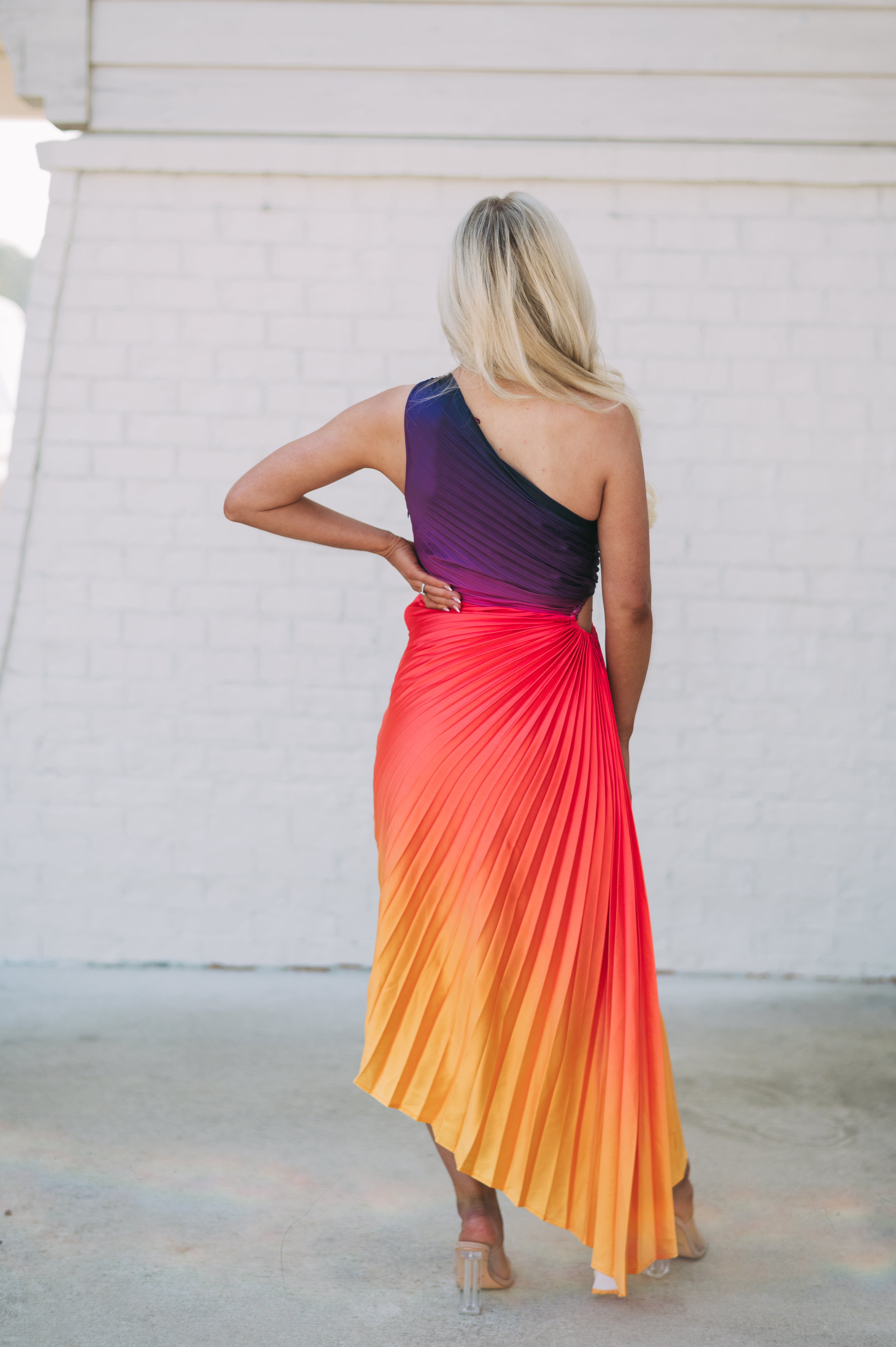 Ibiza Asymmetrical Pleated Midi Dress- Sunset