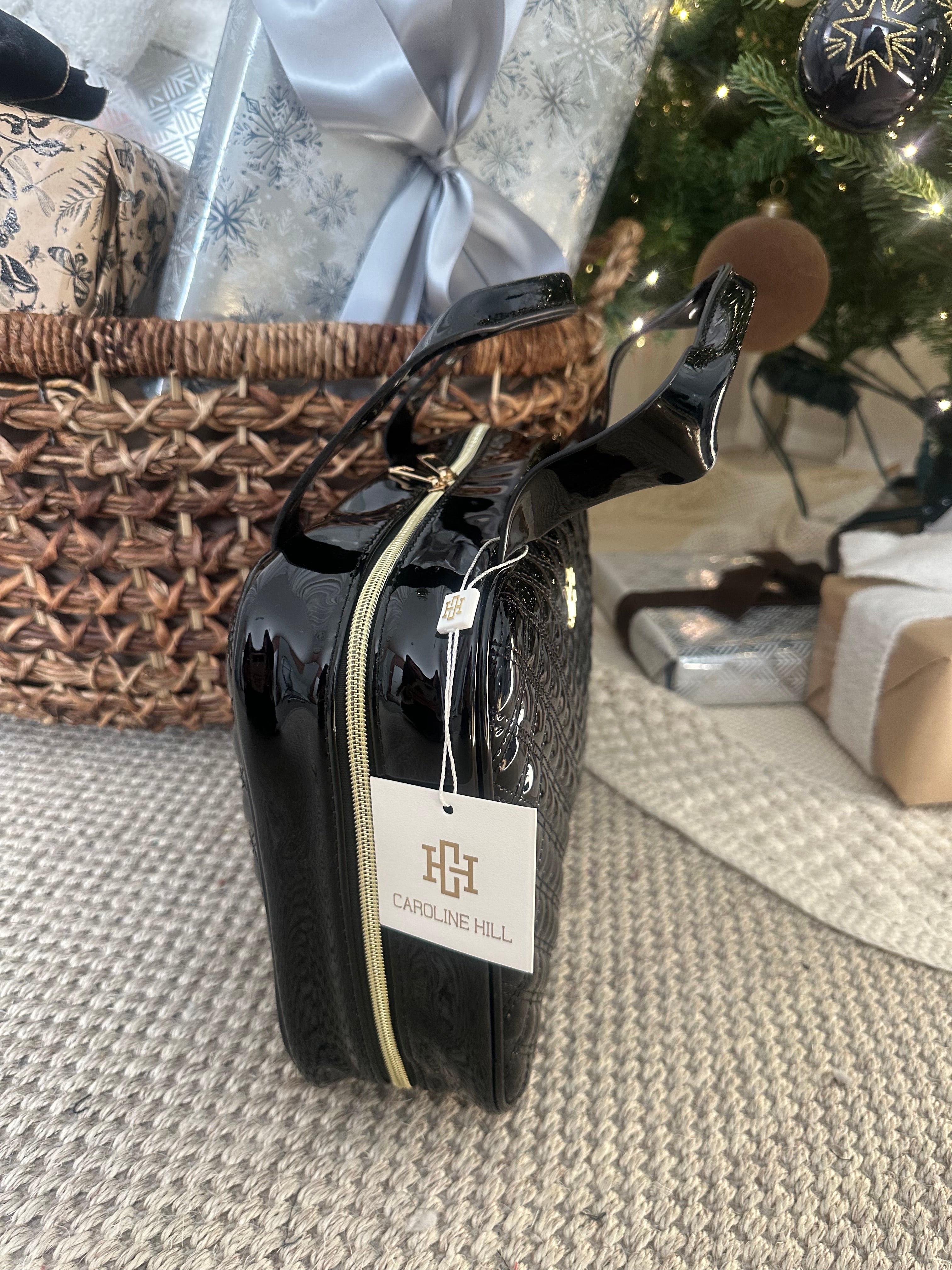 Patent Leather Quilted Makeup Bag- Black