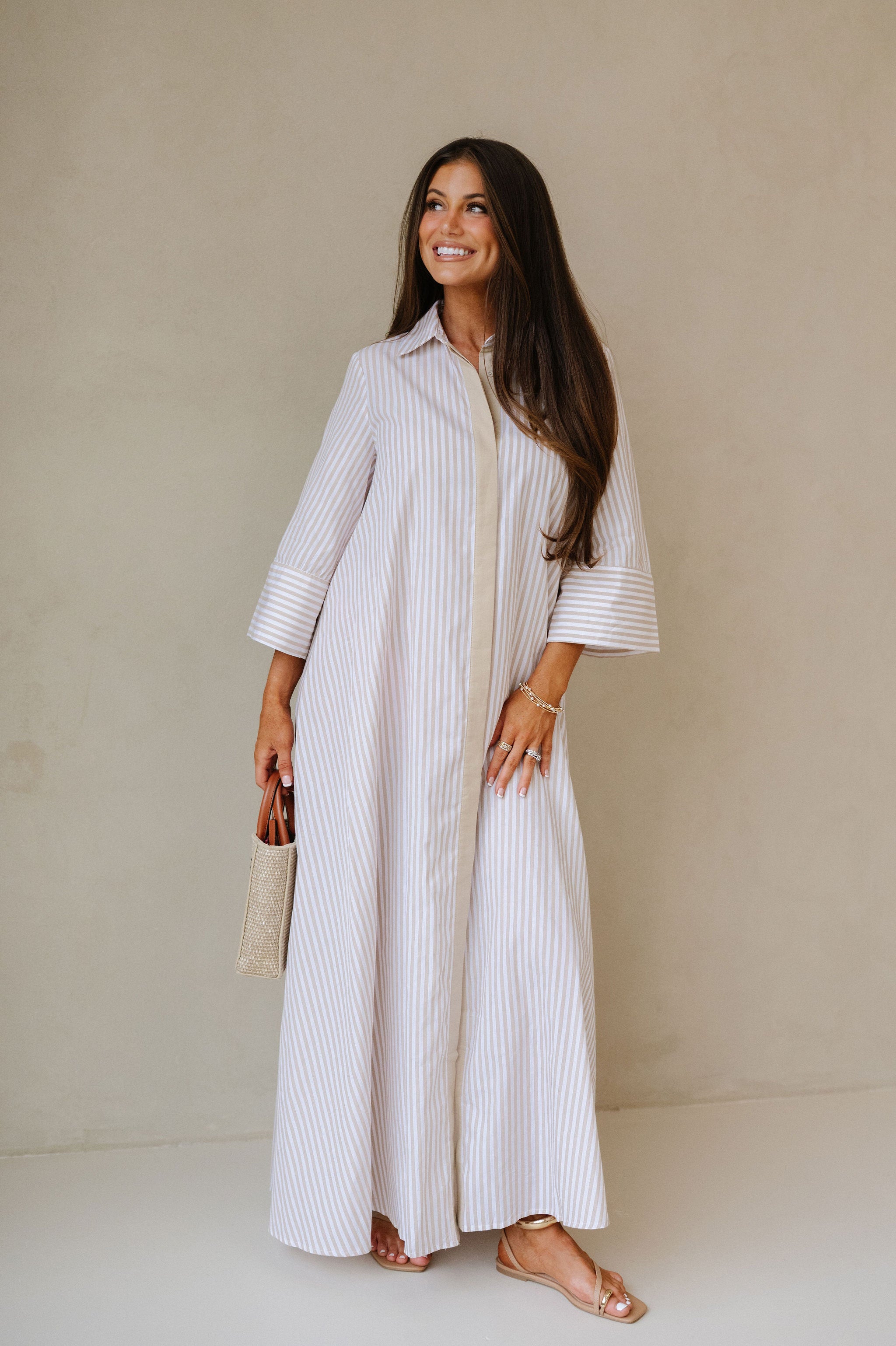 Archer Striped Shirt Dress-Tan