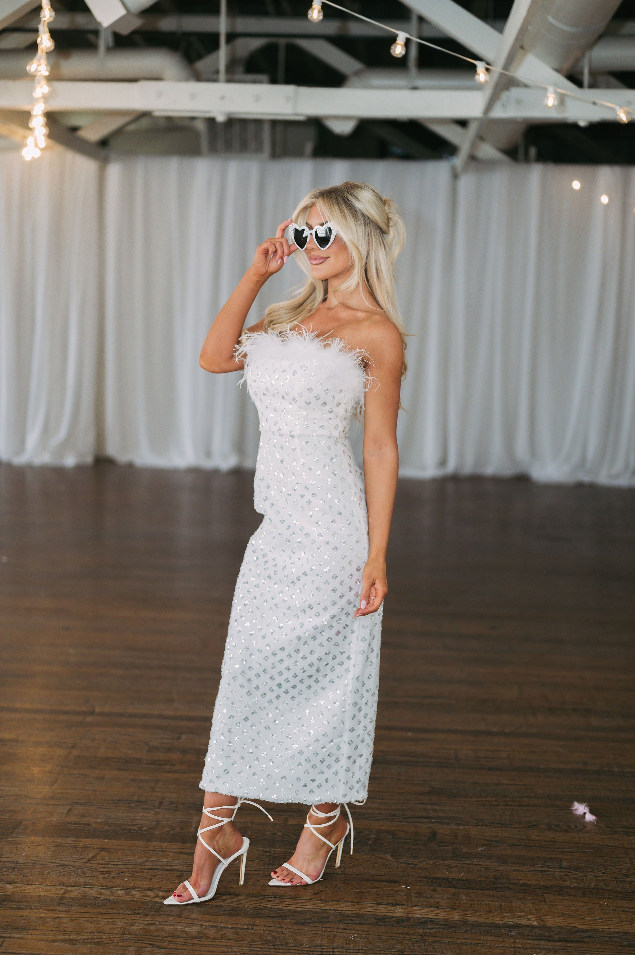 Faux Feather Sequin Pattern Dress- White