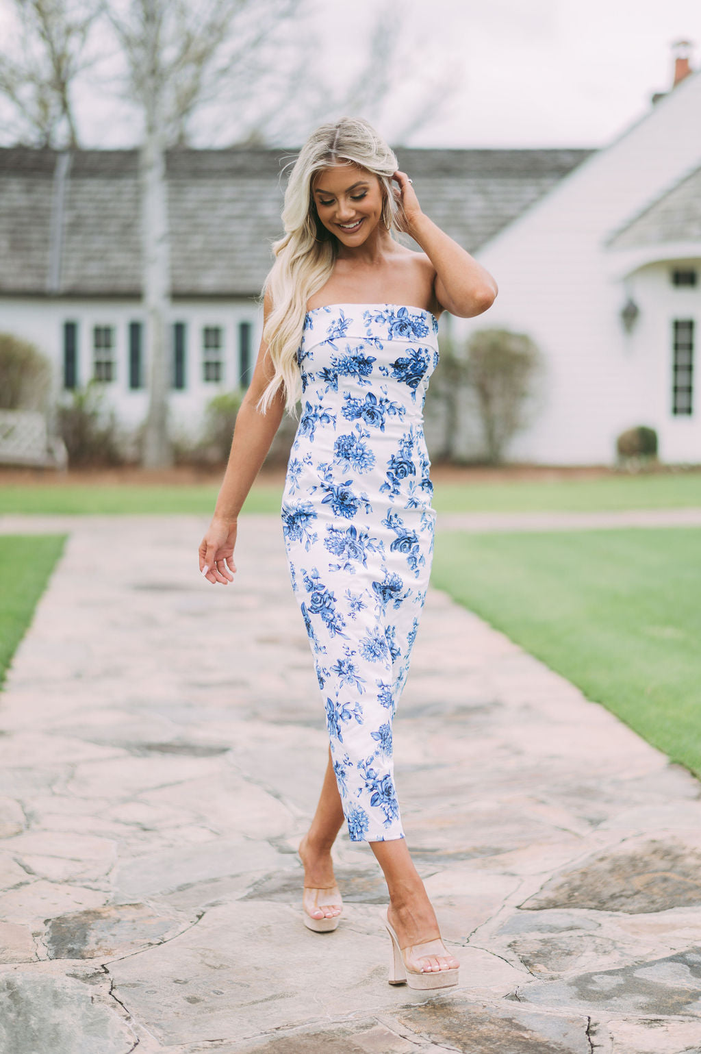 Floral Tube Midi Dress- Blue Print