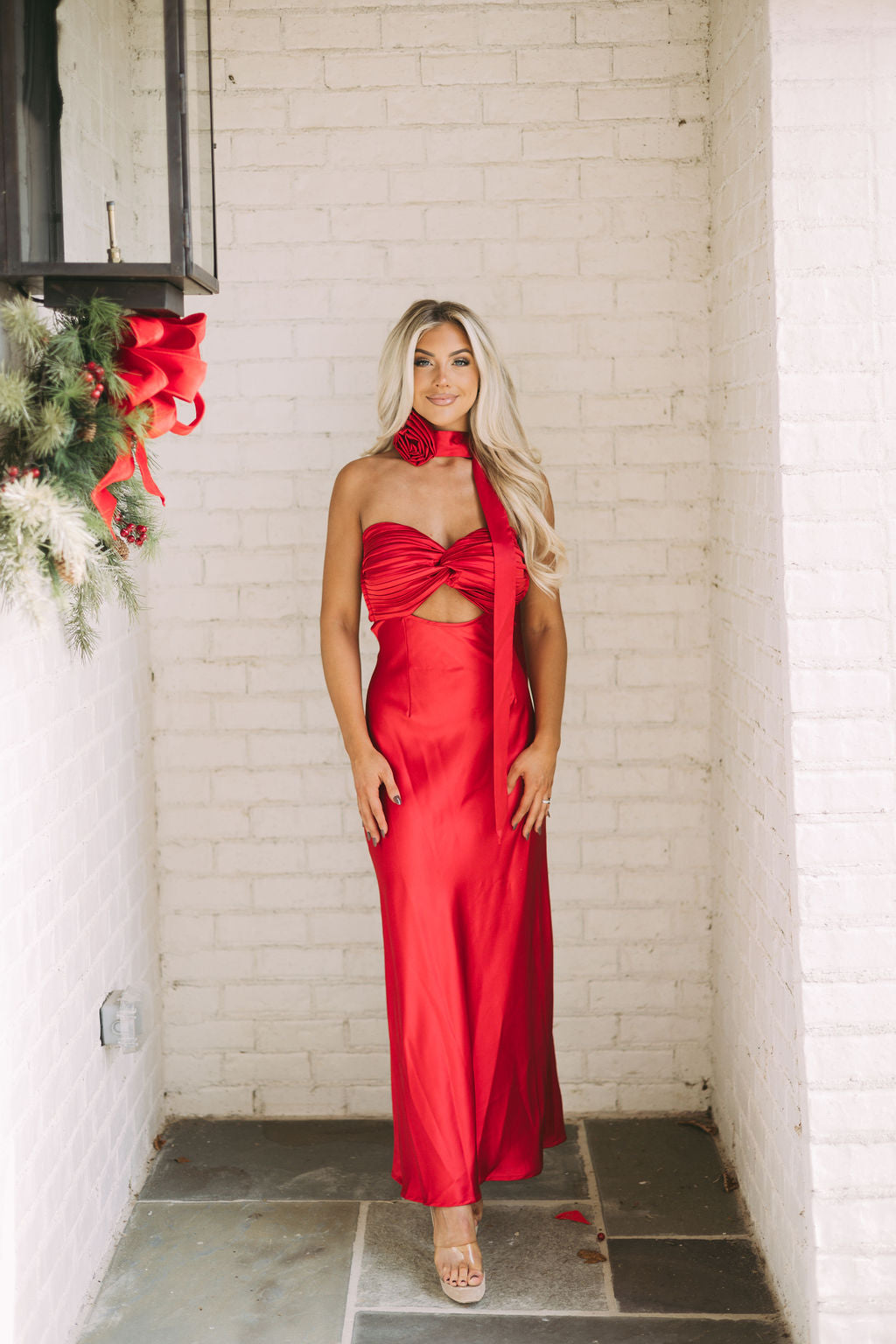Satin Tube Midi Dress-Red