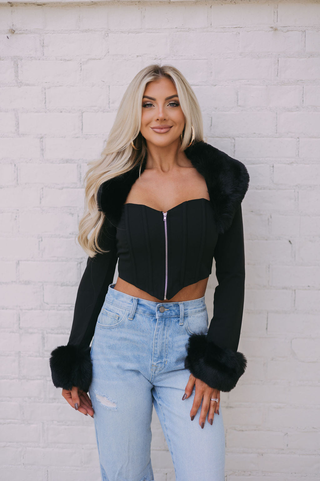 Faux Fur Trim Bustier Top-Black