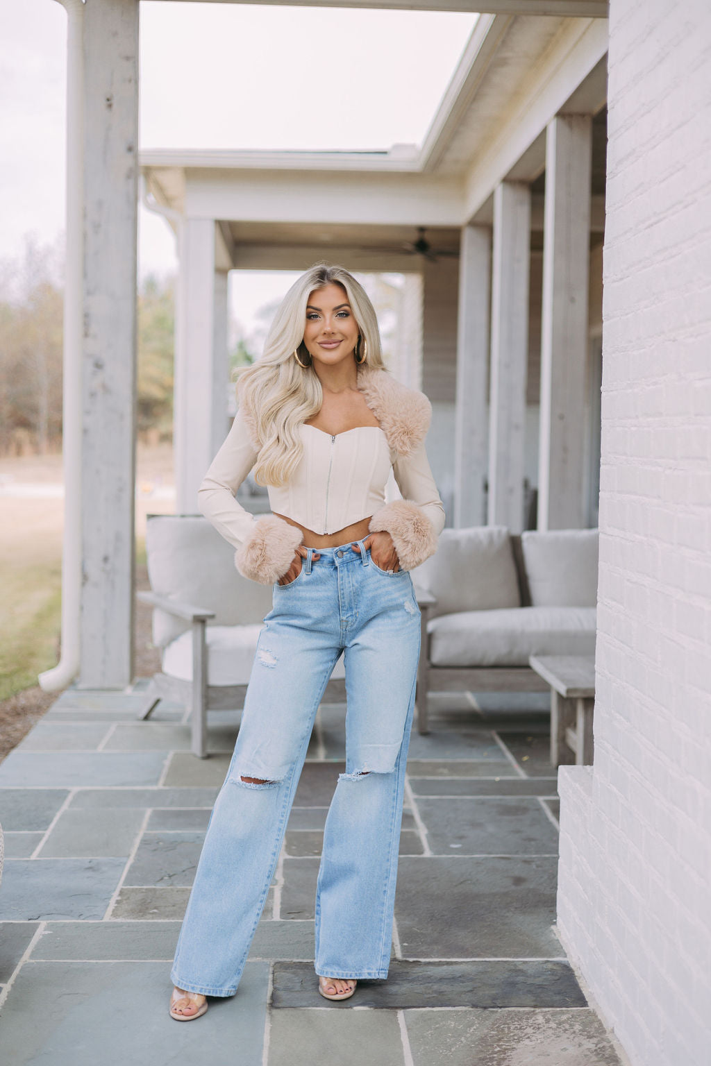 Faux Fur Trim Bustier Top-Nude