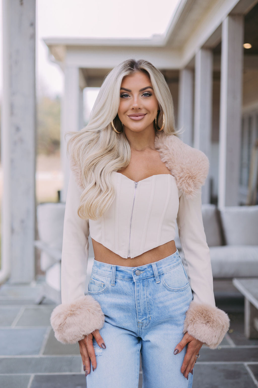 Faux Fur Trim Bustier Top-Nude