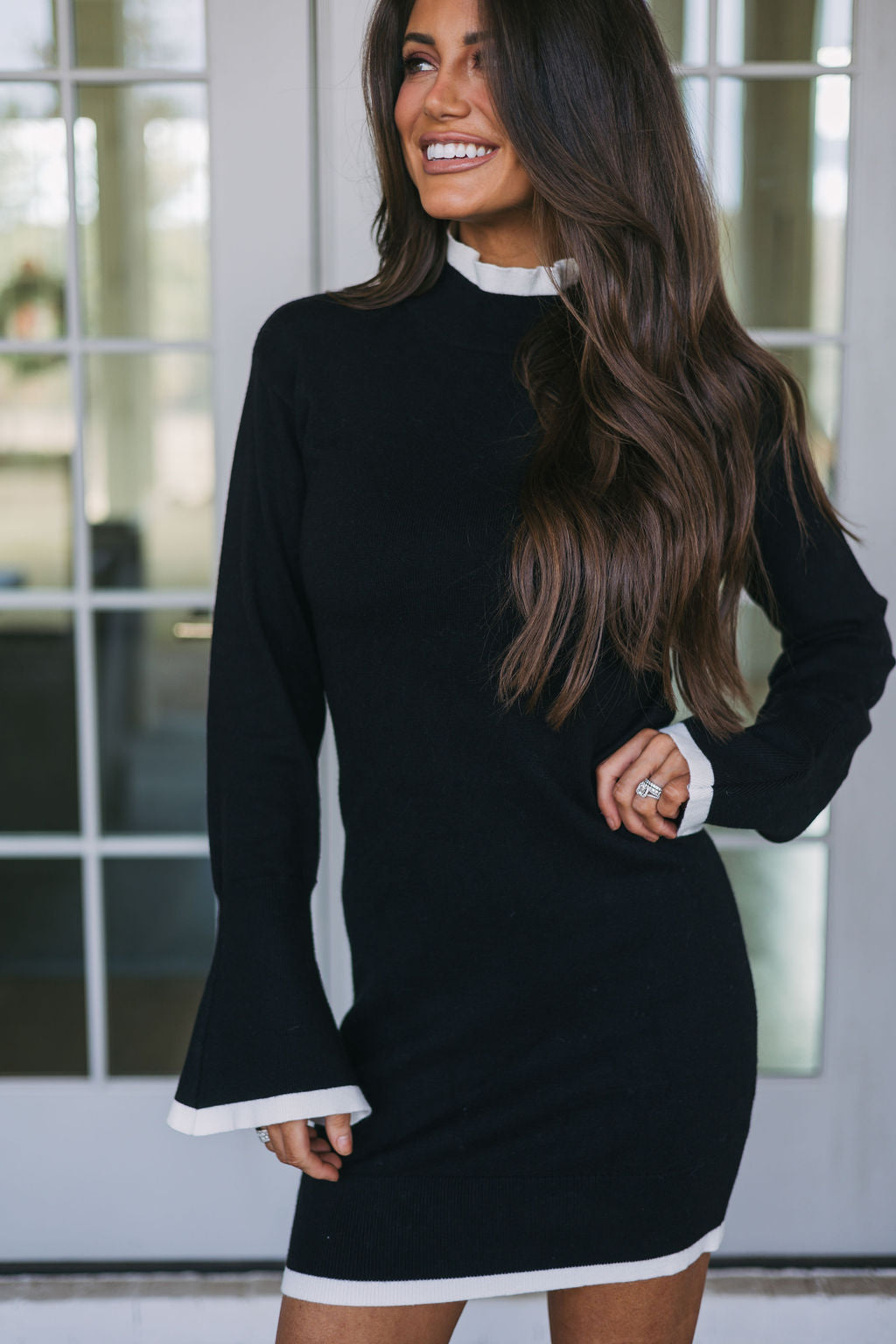 Bell Sleeve Sweater Dress- Black