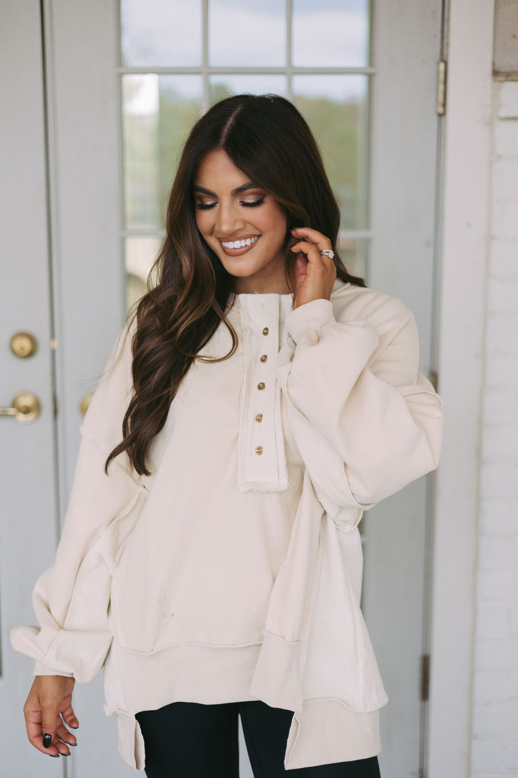 Corduroy Contrast Pullover Top-Cream