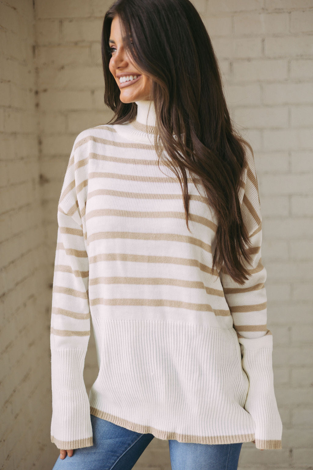 Neutral Striped Turtleneck Sweater