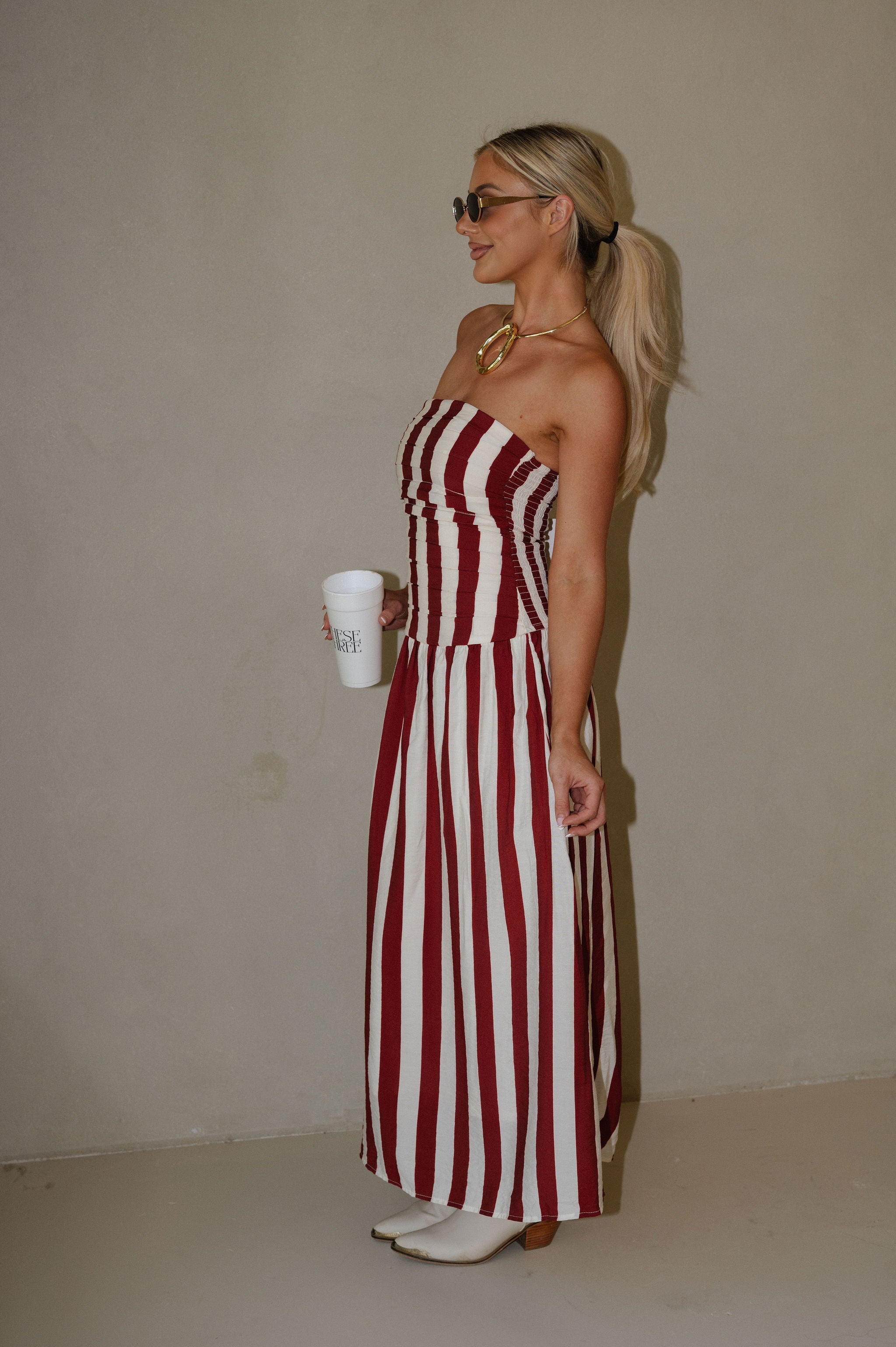 Vertical Stripe Strapless Midi Dress-Red
