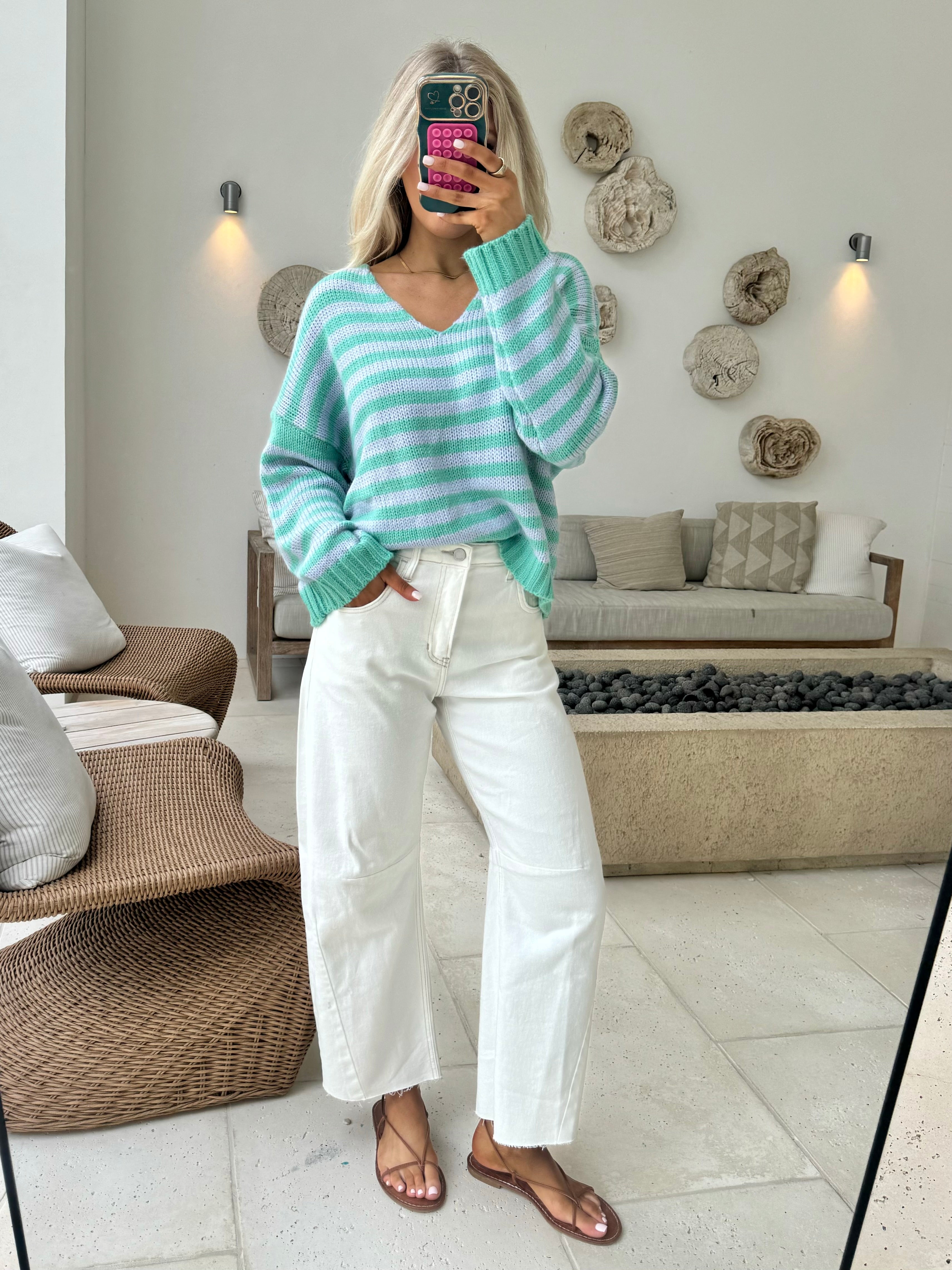 Striped Sweater Top-Mint/Light Blue